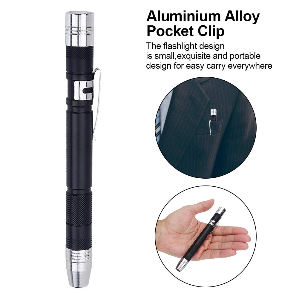 Portable Mini LED Flashlight - Ultra Bright Pocket Flashlight with Clip, Battery Powered Pen Light for Camping, Hiking, Emergency & Everyday Use (Black)