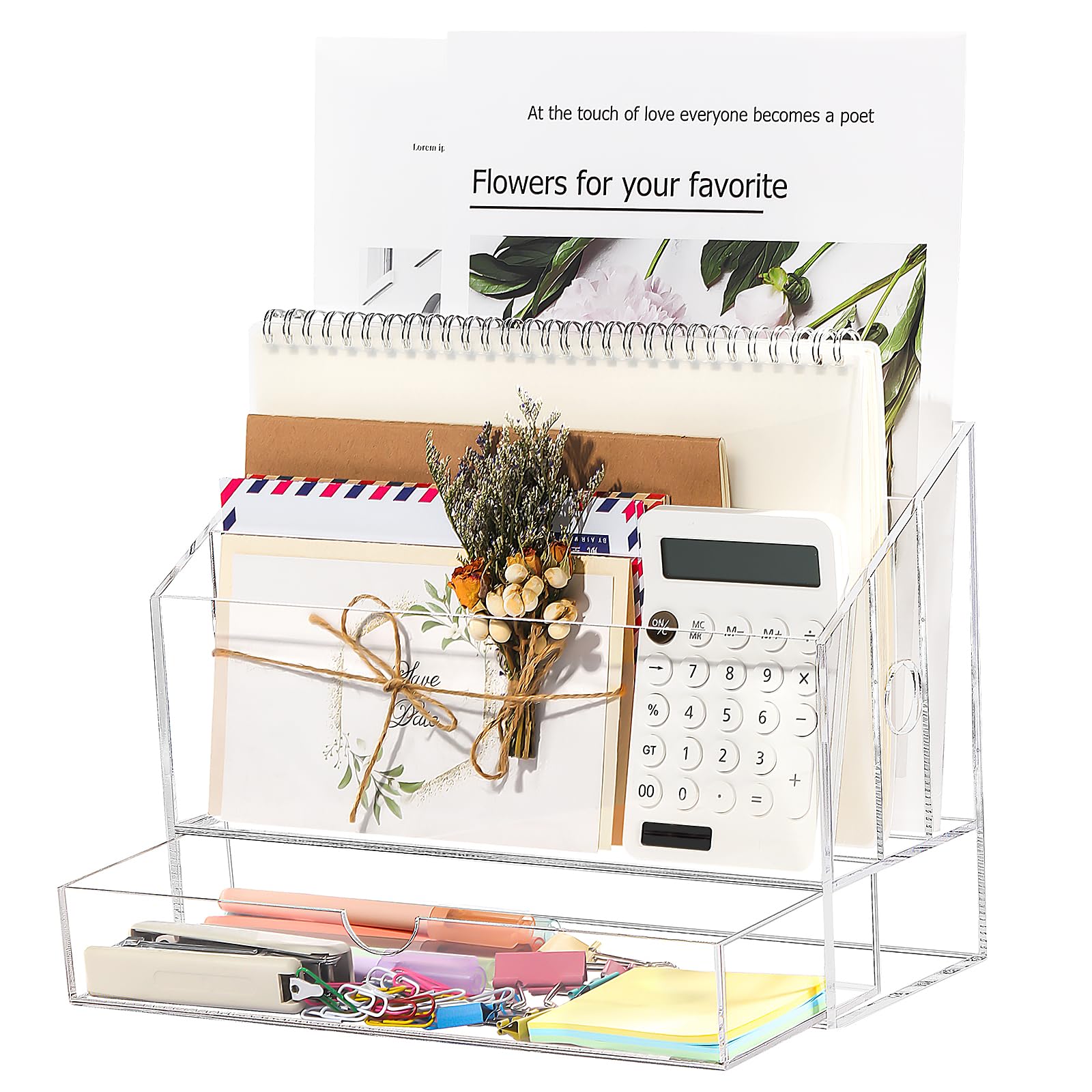 Clear Acrylic Desk Organizer with 3 Compartments & Drawer - Letter Paper Document Sorter, Mail Holder for Home Office, Study Desk - Perfect for Organizing Bills, Files, and Office Supplies