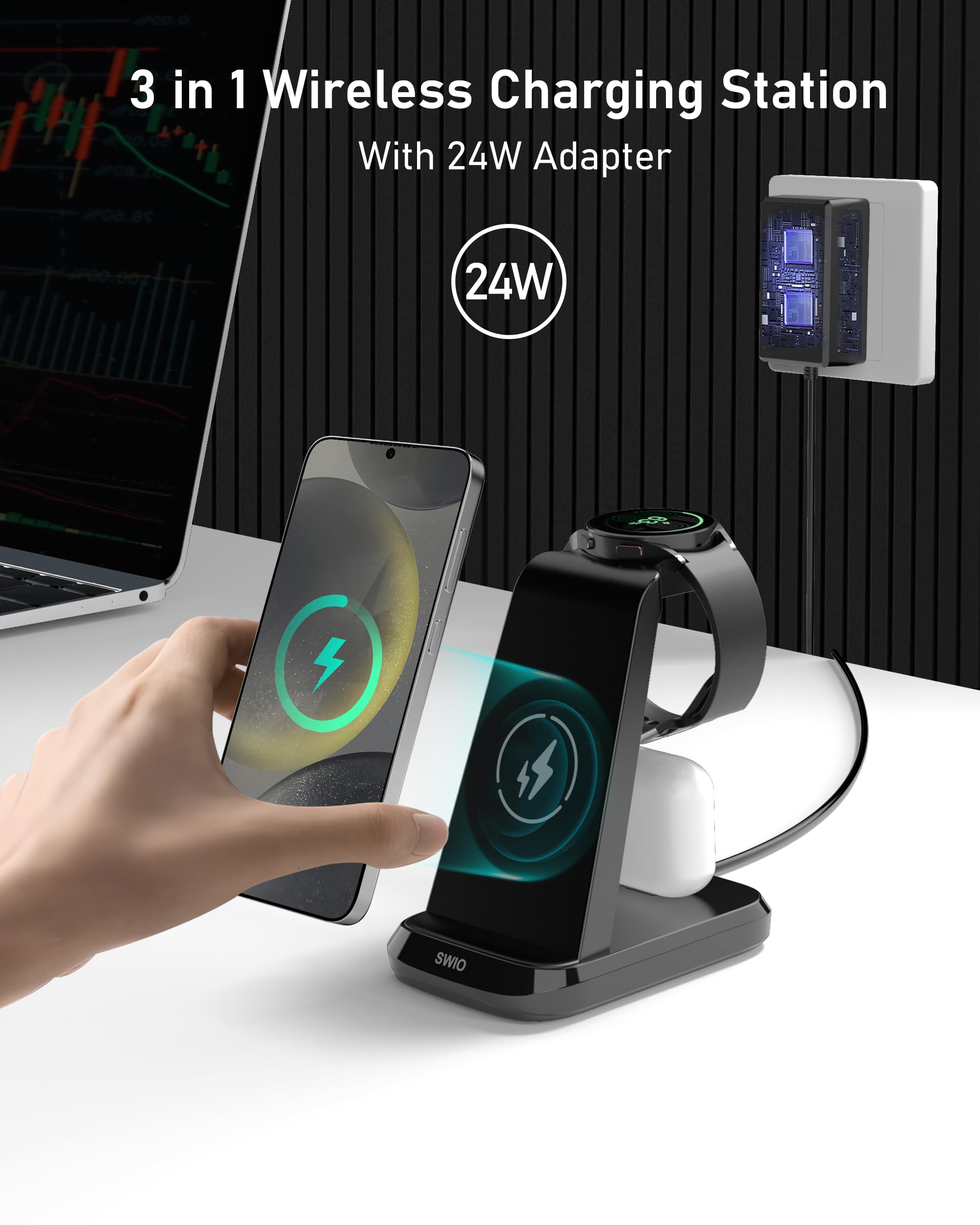 SWIO 3-in-1 Wireless Charging Station for Samsung Galaxy S24/S23/S22/S21/S20, Note 20/10, Z Fold 4/3, Watch 7/Ultra/6/5/4/3 & Buds 2/Pro - Fast Charging Pad for Home, Office & Travel (Not Compatible with Z Flip & A Series)