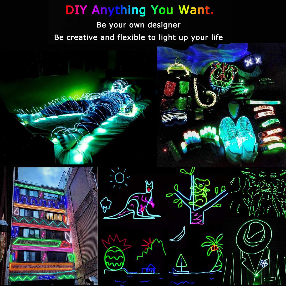JIGUOOR EL Wire Battery Pack - 9.8ft / 3m Bright Neon Light Strip with 360° Illumination - Flexible Neon Tube Rope Lights for DIY Projects, Festival Decorations, Party Lighting, Pub Atmosphere, Halloween & Christmas Decor (Green) - Perfect for Bedroom, Bar, Wedding & Outdoor Events