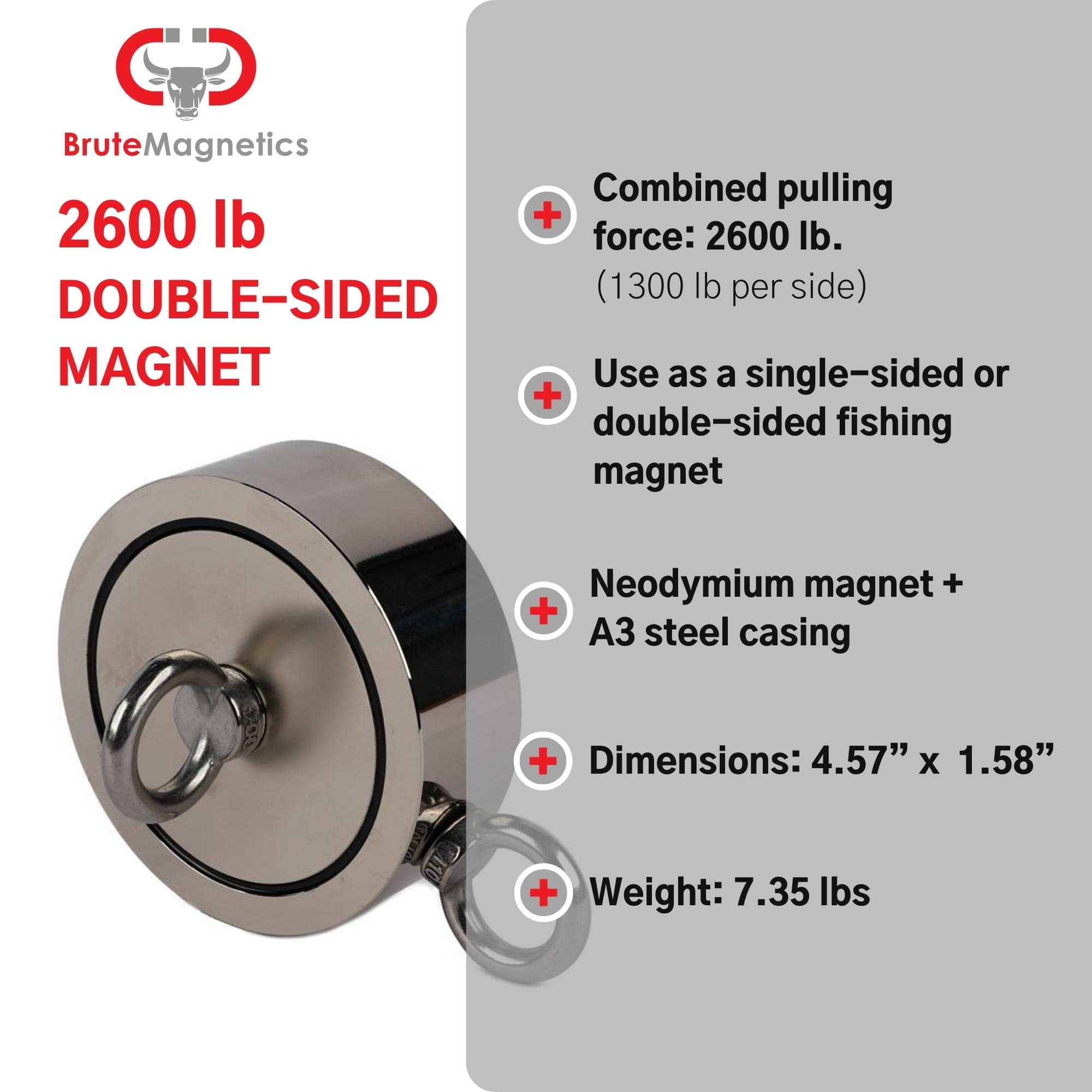 Brute Magnetics 2600 lb Double Sided Fishing Magnet 4.6