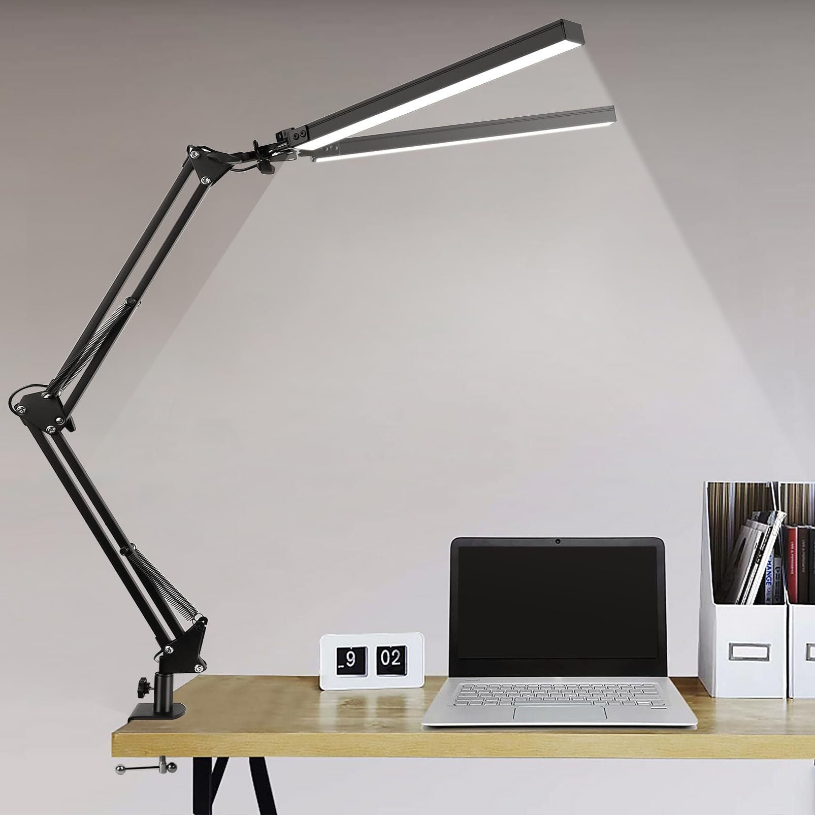 JOSTIC LED Desk Lamp with Clamp - Super Bright Adjustable Double Head Architect Task Light, 5 Color Modes & 10-100% Dimmable Brightness for Home Office, Study, Workbench - Modern Swing Arm Work Lighting for Reading, Writing, Drawing & Computer Work