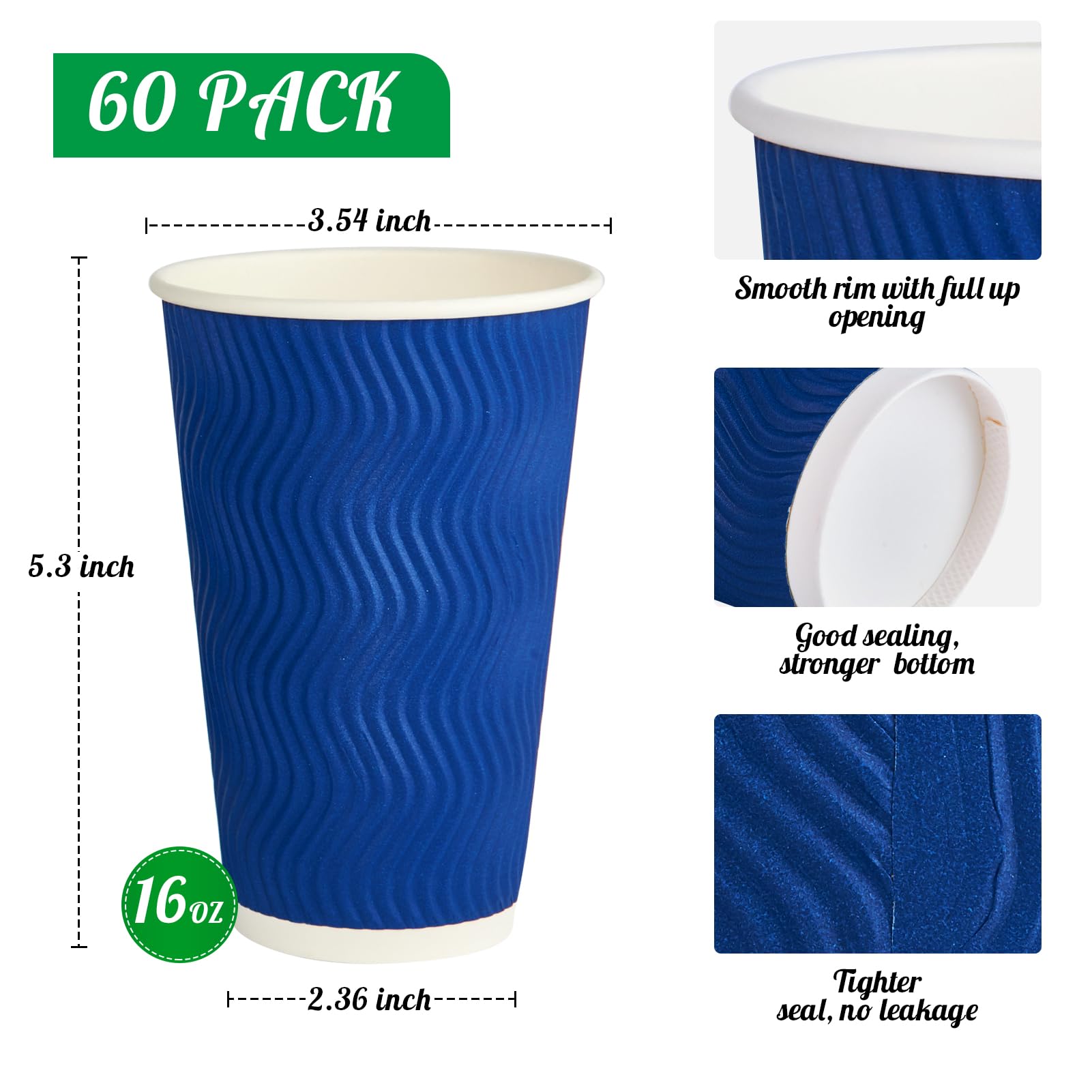 16 oz Disposable Paper Coffee Cups - 60 Pack, Heat Resistant Blue Ripple Wall Cups for Coffee, Tea & Hot Chocolate - Perfect for Office, Cafes & Home Use