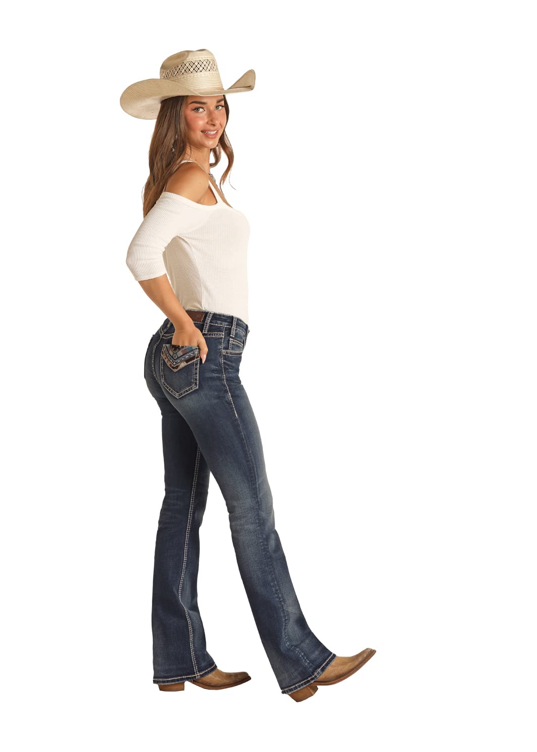 Rock & Roll Women's Stretchy Bootcut Jeans - Mid Rise Denim Pants with Cow Print Pocket Flap | Perfect for Casual Wear, Concerts & Western Style Outfits