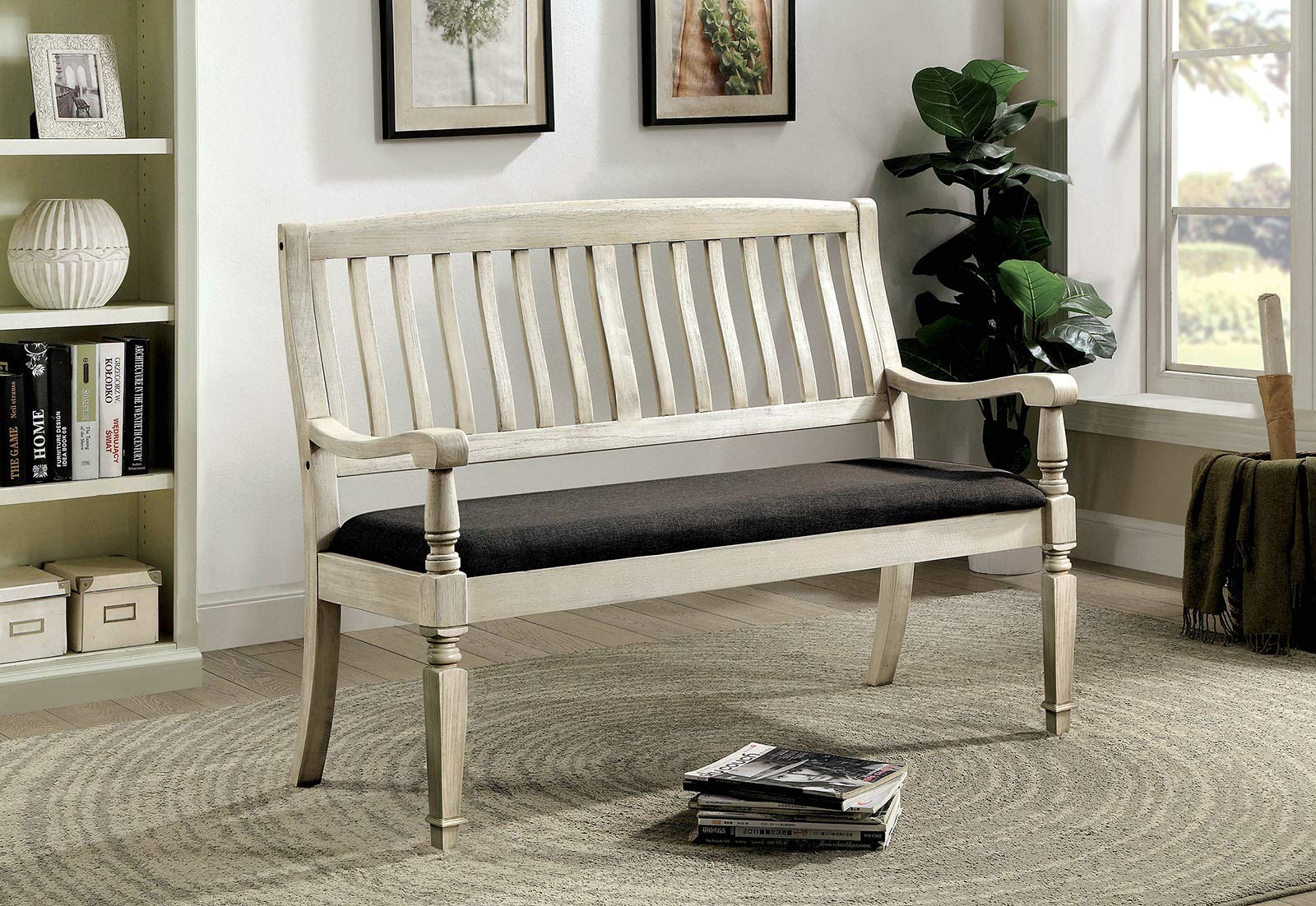 William's Home Furnishing Georgia Love Seat Bench in Antique White & Gray - Perfect for Entryway, Living Room, or Bedroom Decor
