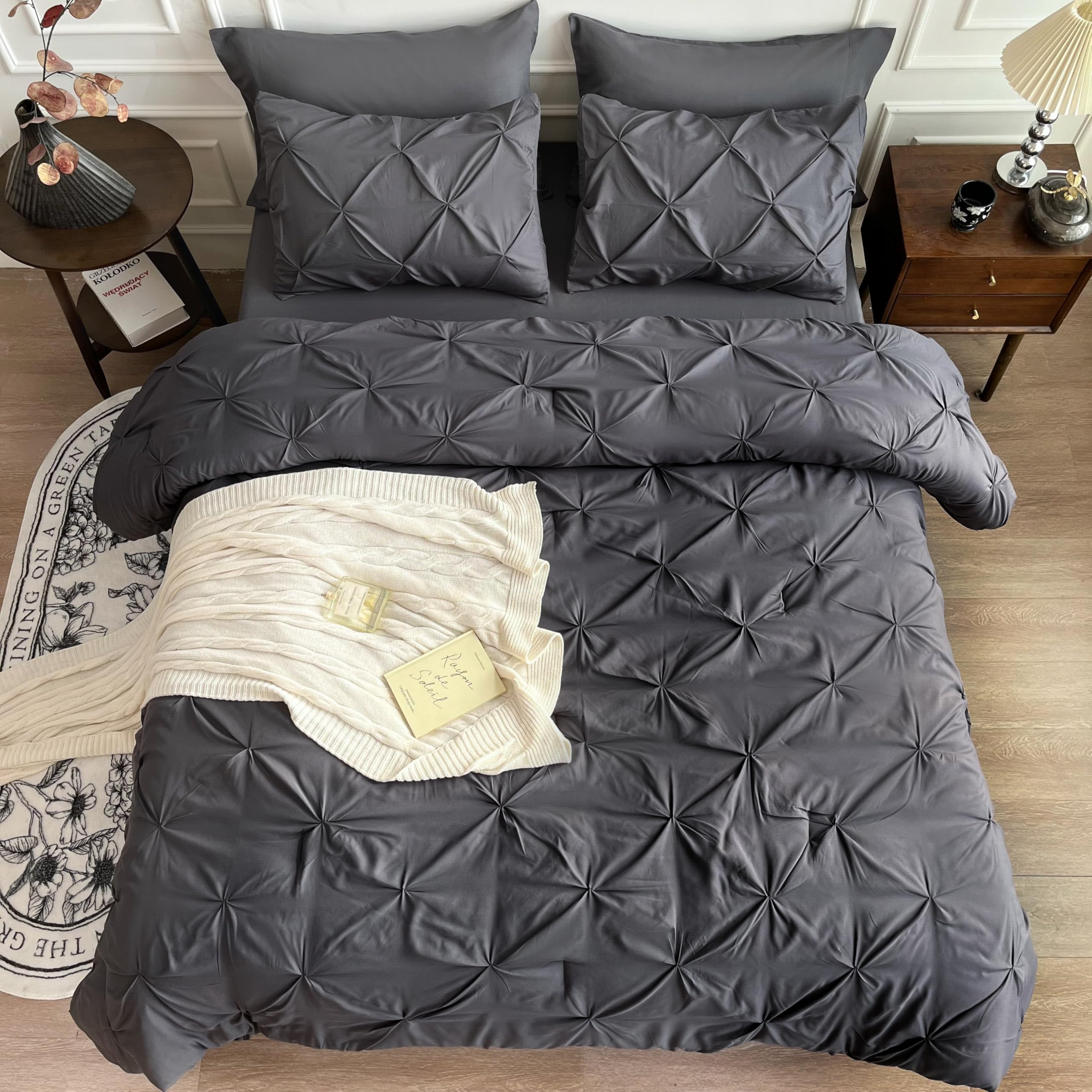 Maple&Stone 7-Piece King Size Comforter Set - Pintuck Bedding in a Bag with Comforter, Sheets, Pillowcases & Shams, Dark Grey - Luxury Bedroom Decor for Master Suite, Guest Room & Hotel Style Bedding