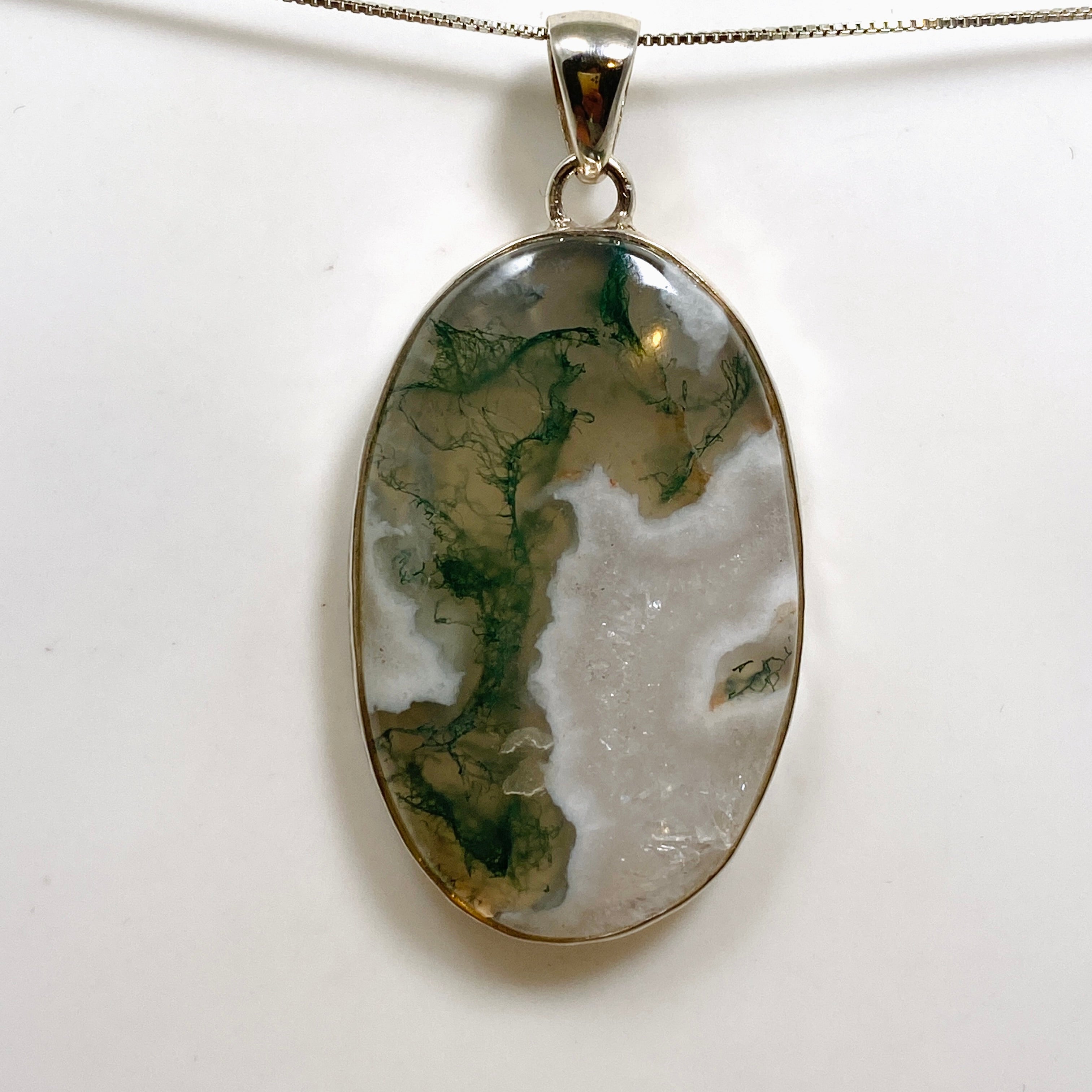 Natural Moss Agate Oval Cabochon Pendant in Handmade Hammered Sterling Silver Setting KPGJ4708 - Perfect for Boho Jewelry, Spiritual Healing & Gift Giving