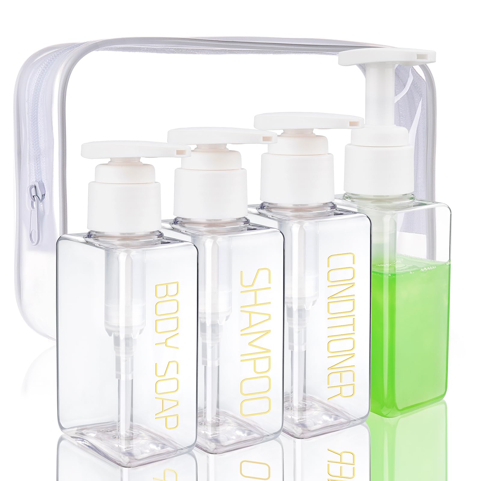 4-Pack 3.7oz/110ml Empty Travel Bottles with Pump Dispenser - Leakproof Plastic Shampoo & Conditioner Containers for Toiletries | TSA Approved Travel Accessories for Vacation, Gym, Camping Essentials