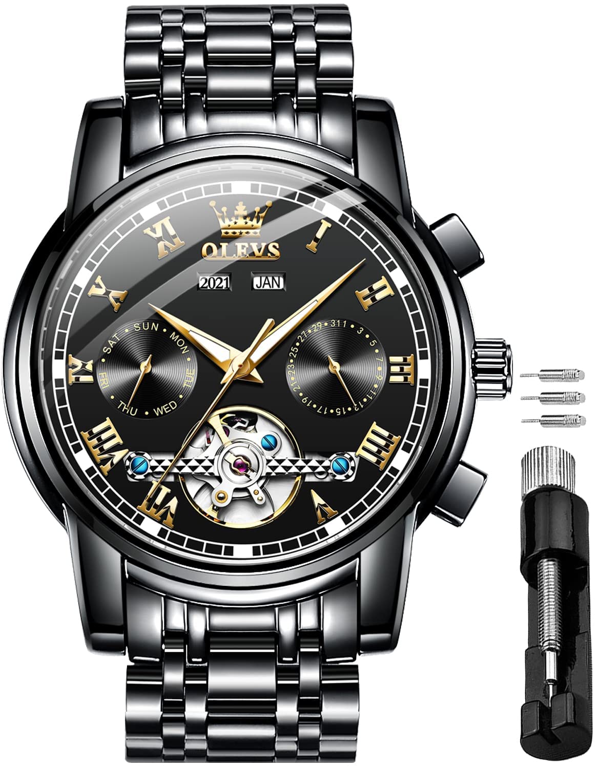 OLEVS Automatic Self-Winding Men's Watch - Stainless Steel Tourbillon Mechanical Watch with Luminous Hands, Waterproof Luxury Dress Watch for Business & Formal Occasions