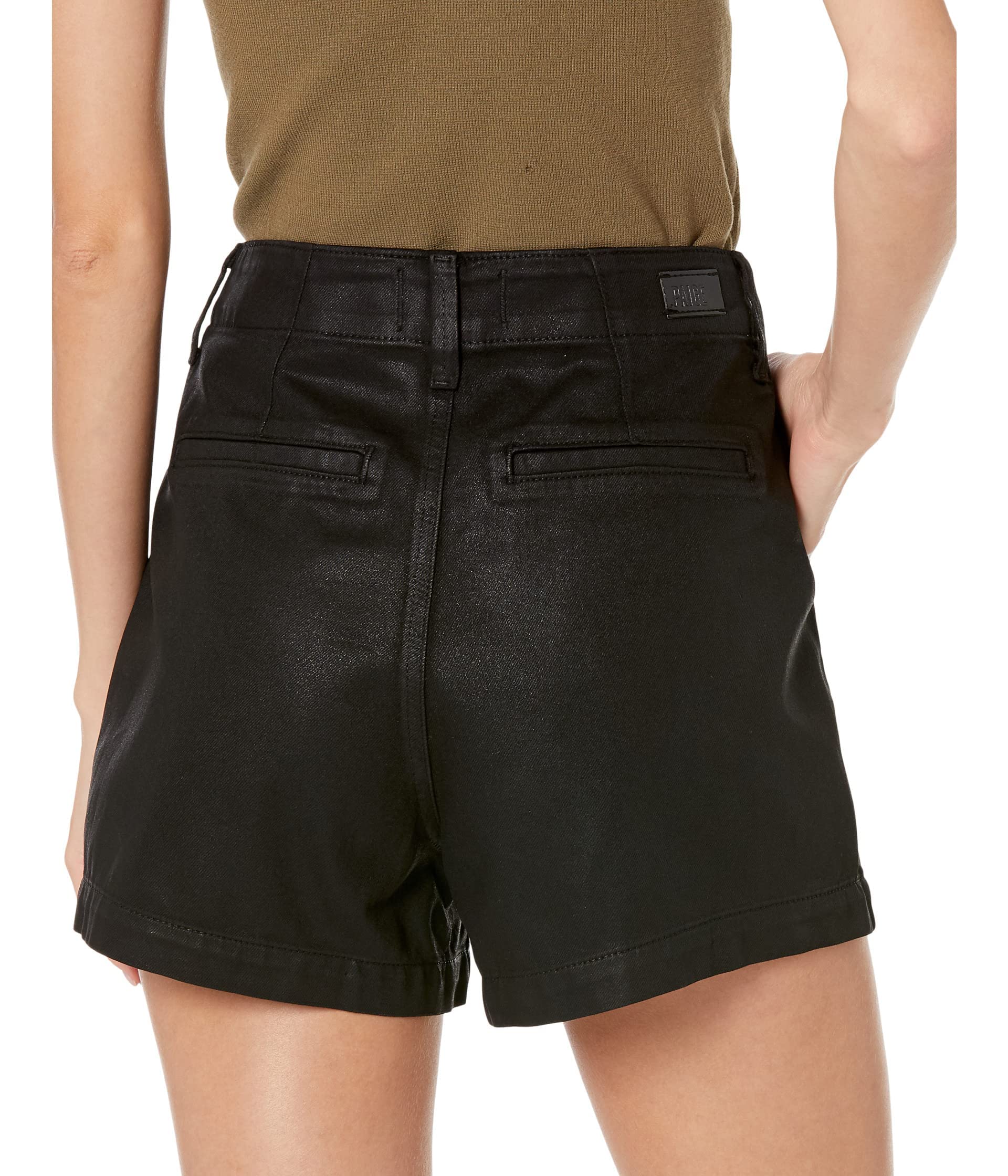 PAIGE Women's Mayslie High-Waisted Shorts with Front Pleats & Exposed Buttons - Midnight Oil Coating for Casual Outings & Summer Style