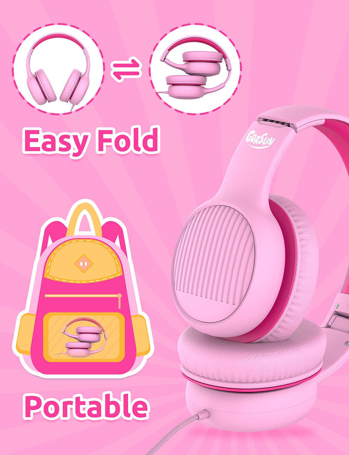 Gorsun Wired Kids Headphones with Volume Limiter (85dB/94dB) - 3.5mm Corded Toddler Headset with HD Mic, Audio Sharing & Foldable Design - Perfect for School, Travel & Online Learning (Pink)