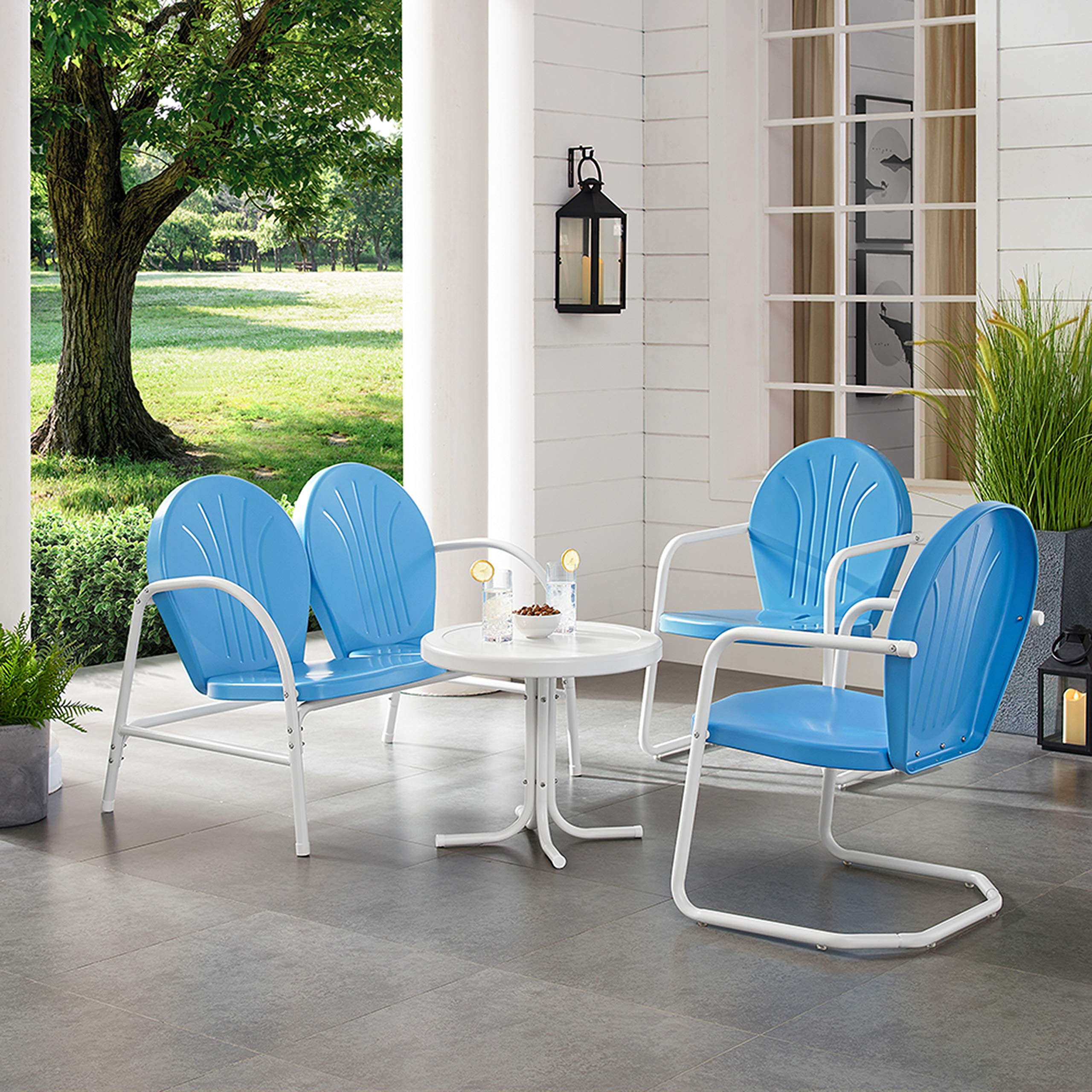 Crosley Furniture Griffith 4-Piece Retro Metal Outdoor Loveseat Patio Set - Sky Blue Bistro Seating for Porch, Deck, Balcony & Garden - Perfect for Relaxing, Entertaining & Outdoor Dining