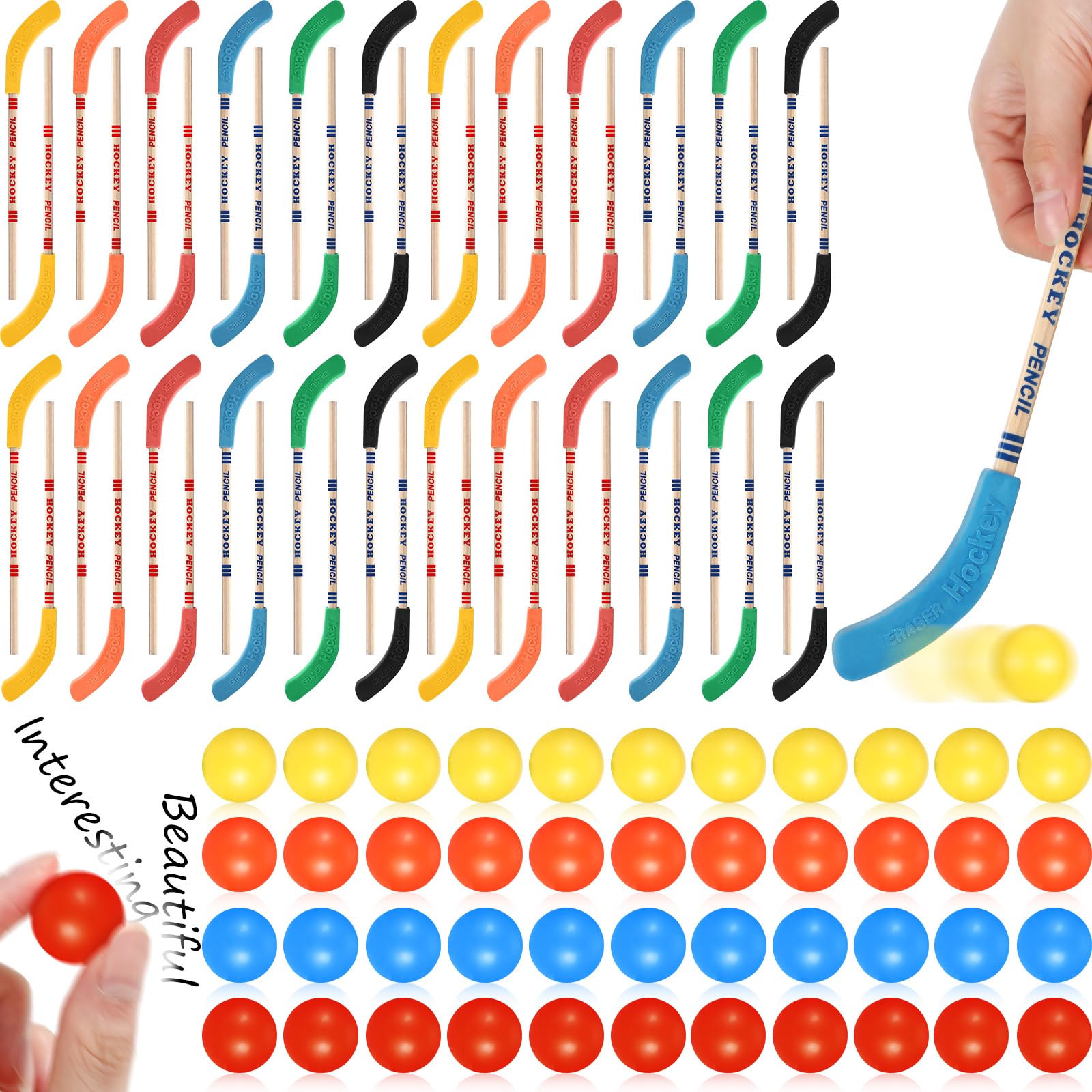100 Pcs Hockey Party Favors Set - Multicolor Hockey Stick Pencils & Ball Erasers - Sports Themed School Supplies for Birthday Parties, Student Prizes & Goodie Bags - Perfect for Hockey Fans, Sports Events & Classroom Rewards
