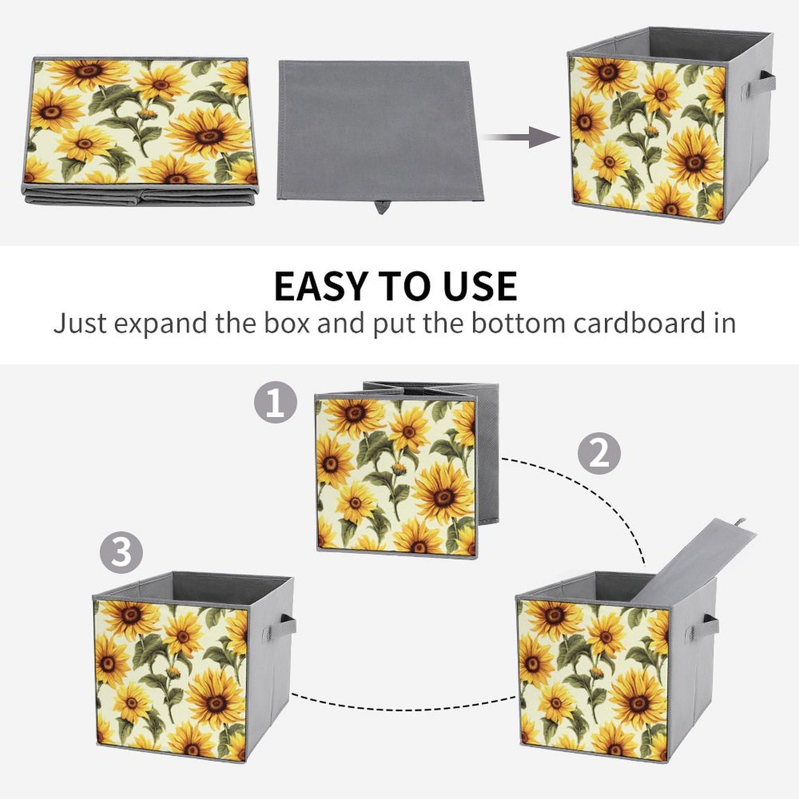 6-Piece Collapsible Storage Bins with Handles - Summer Sunflower Printed Foldable Storage Boxes for Home Organization, Shelves, Closet & Pantry | Space-Saving Home Decor & Multipurpose Storage Solution