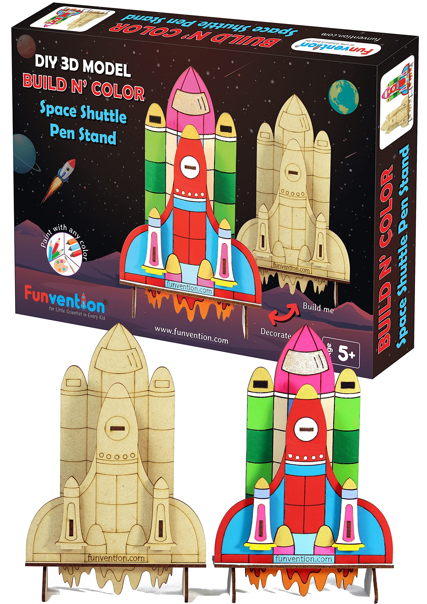 Funvention Space Shuttle - 3D Coloring & DIY Desk Organizer STEM Toy - Educational Mechanical Puzzle for Kids - Art & Painting Kit - Perfect for Birthday Gifts & Classroom STEM Learning | Great for Kids' Room Decor & School Projects