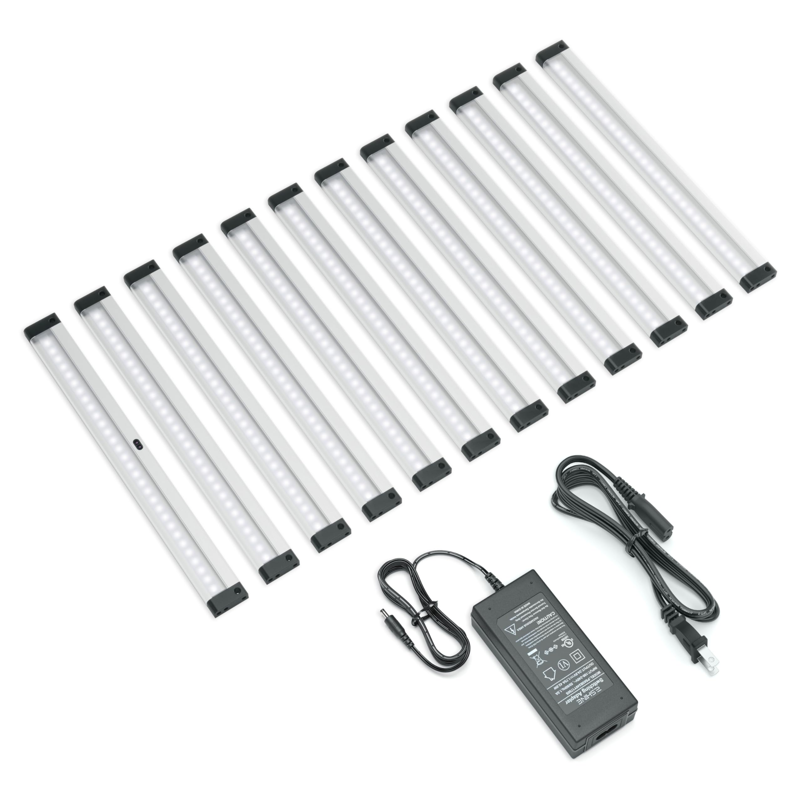 EShine 12-Pack Under Cabinet LED Lighting Kit - Hand Wave Activated, Dimmable, 12 Inch Touchless Dimming Control - Cool White (6000K) Black Under Counter Lights for Kitchen, Garage, Office & Desk - Perfect for Task Lighting, Accent Illumination & Workspace Visibility