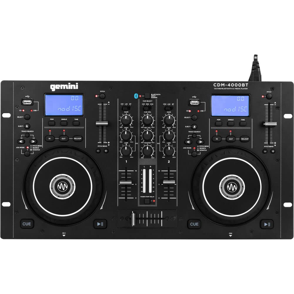 Gemini CDM-4000BT Professional Dual DJ CD/USB Media Player with Bluetooth + Mixer Bundle & Rockville DJ1500 DJ Headphones with Detachable Coil Cable - Complete DJ Setup for Clubs, Parties and Home Studios