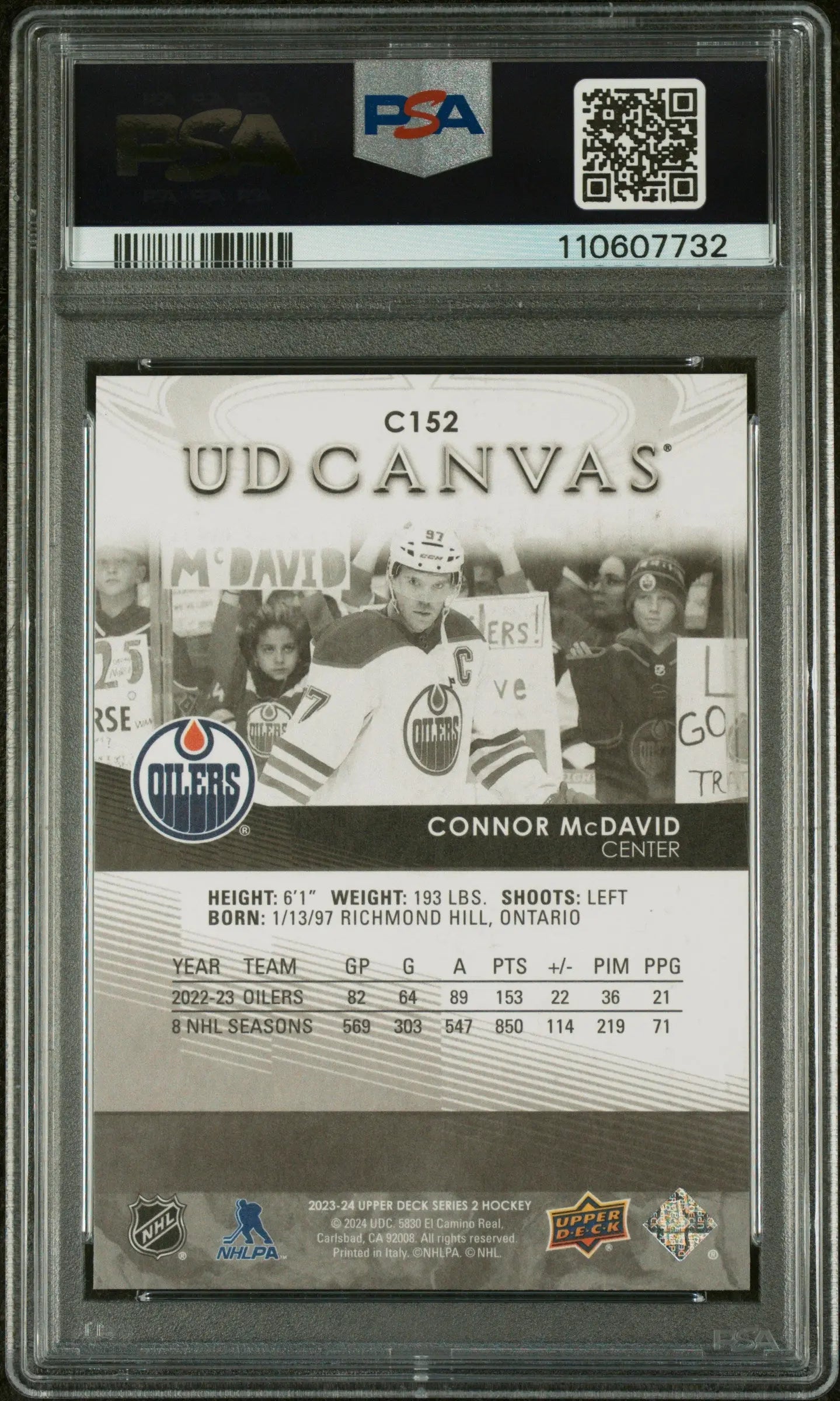 2023-24 Upper Deck Series 2 UD Canvas Connor McDavid Black & White PSA 10 Graded Hockey Card - Perfect for Collectors, Investors & Sports Memorabilia Enthusiasts