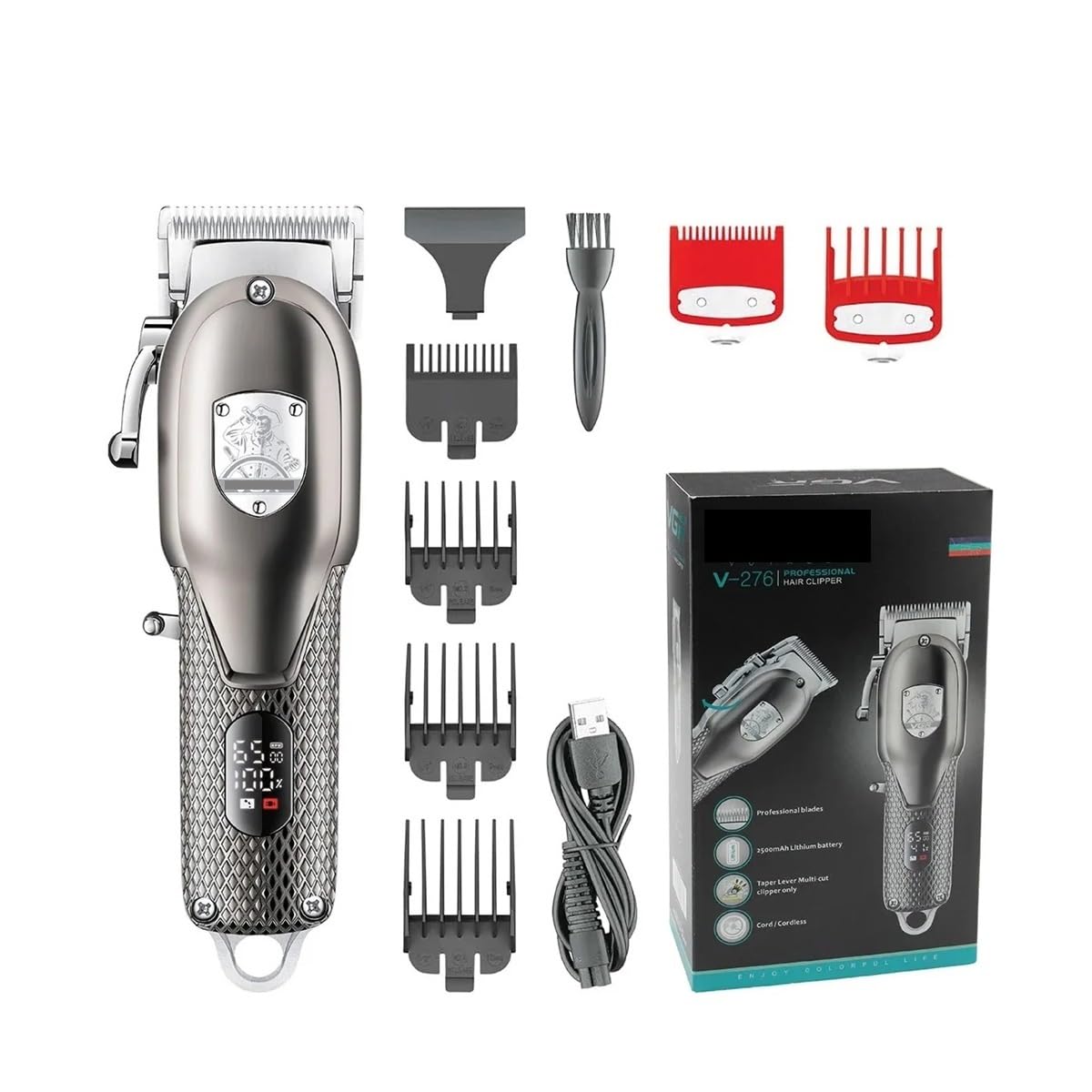 Professional V-G-R Rechargeable Cordless Hair Clipper for Men - Metal Digital Display Barber Trimmer with Travel Case (Model V-276) | Perfect for Home Haircuts, Beard Trimming & Professional Barbershop Use