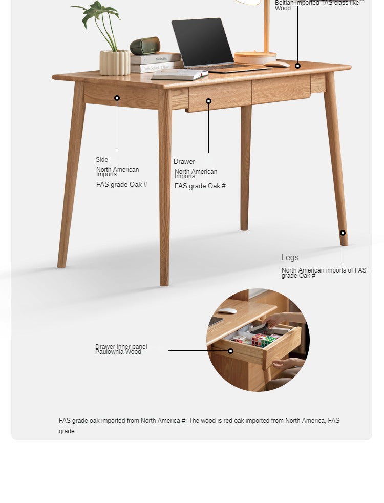 Solid Oak Wood Office Desk with Spindle-Shaped Slanted Legs - Modern Home Office Furniture for Work & Study