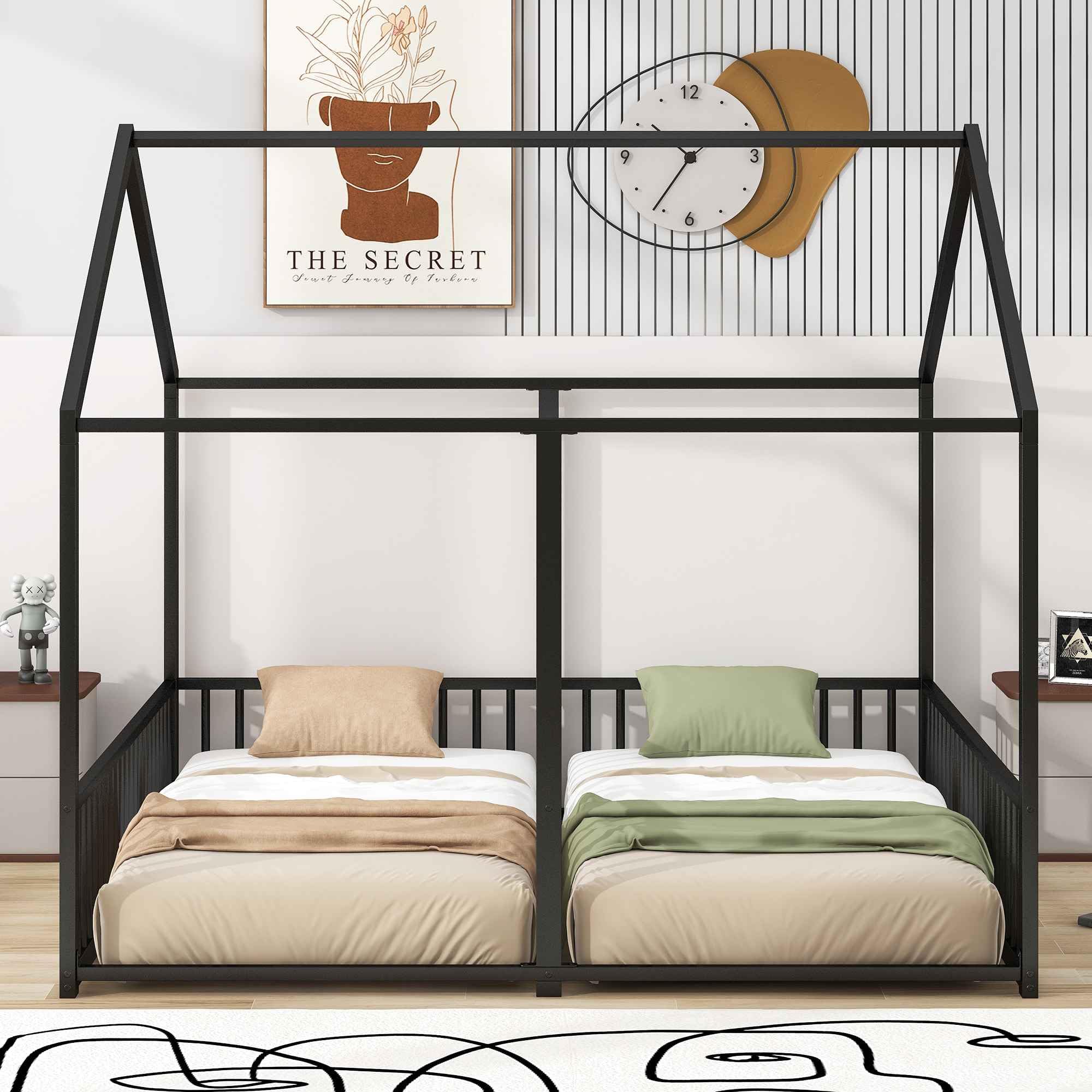 Metal Twin Size Double Platform Bed with Roof and Fence - House Shaped Shared Bed Frame for Kids, Teens, Boys & Girls - Sturdy Bedroom Furniture (80.3