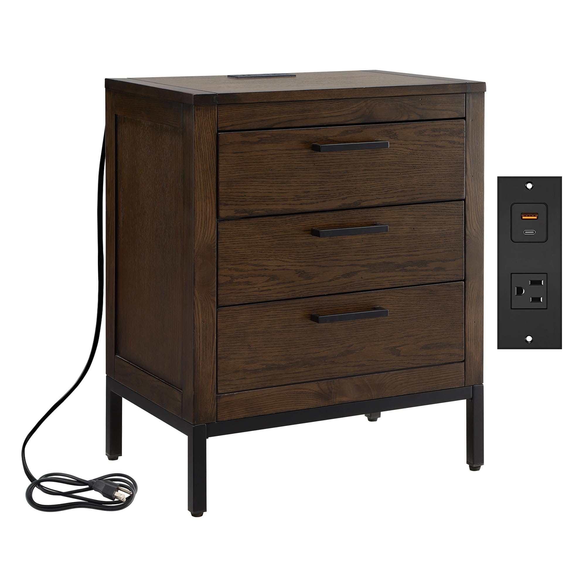 Rustic Modern Nightstand with Drawer & USB-C Fast Charging - Solid Wood Side Table for Bedroom, Living Room & Office - Distressed Riverstone Finish - Perfect for Charging Devices, Storing Essentials & Adding Farmhouse Style to Your Space