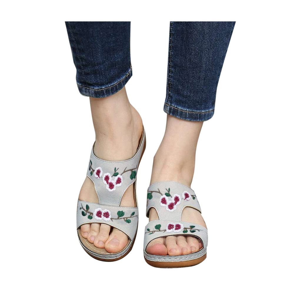 Aniywn Women's Summer Slippers - Floral Embroidery Wedge Heel Sandals with Arch Support, Open Toe Comfort for Beach, Poolside, and Casual Outings