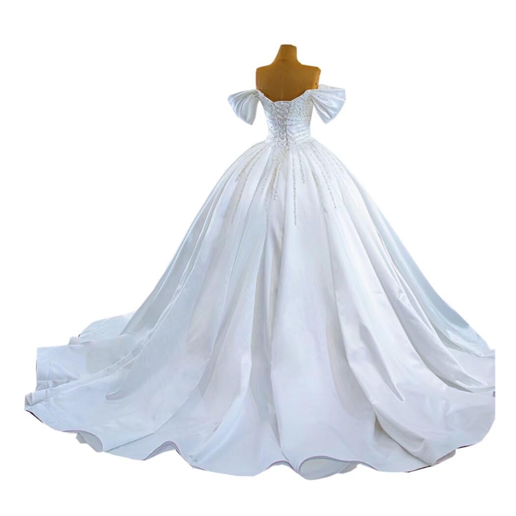 2025 Elegant Pearl Crystal Ball Gown Wedding Dress for Bride | Off-Shoulder Satin Corset Bridal Gown | Perfect for Formal Weddings, Prom & Special Occasions