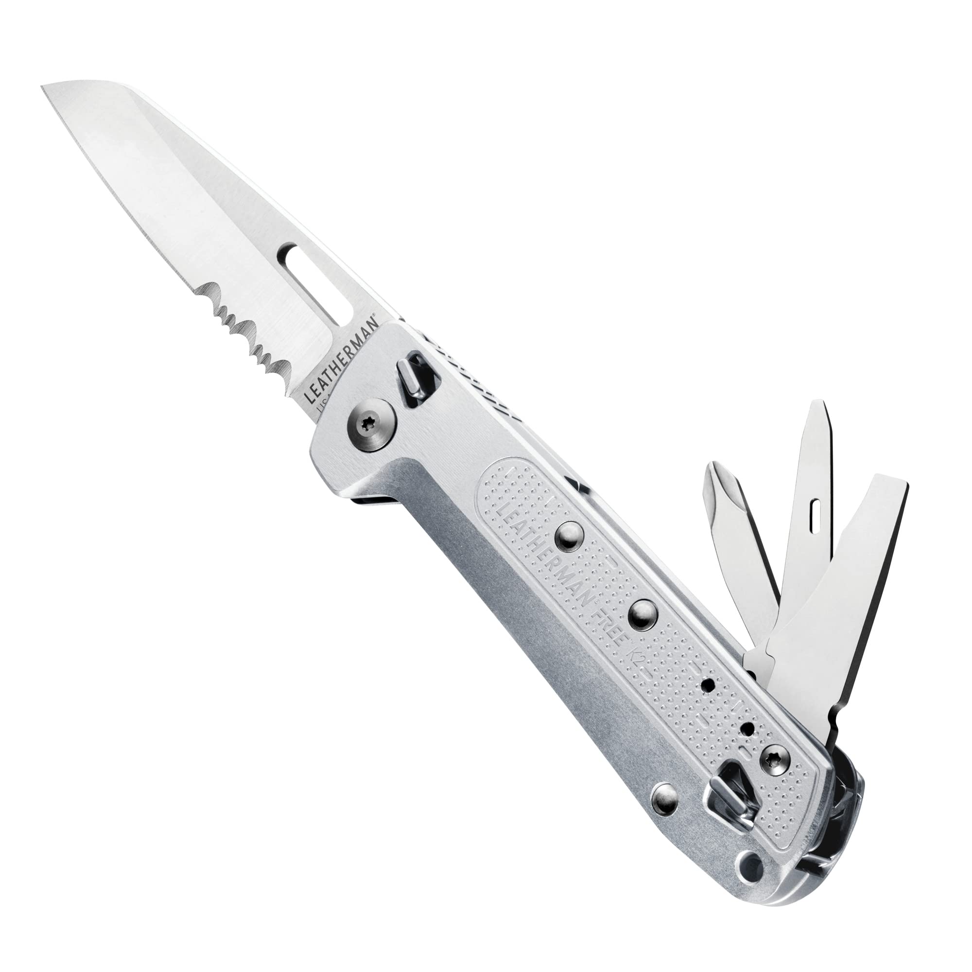 **LEATHERMAN FREE K2 EDC Knife & Multitool with Magnetic Lock, Aluminum Handle, Pocket Clip – USA Made, Silver (Serrated Blade) – Perfect for Camping, Hiking & Everyday Carry**