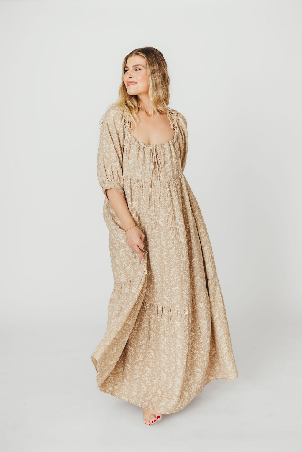 Peyton 100% Cotton Maternity Maxi Dress - Bump Friendly Floral Print in Mocha (XS-XL) | Perfect for Pregnancy, Baby Showers & Summer Vacations