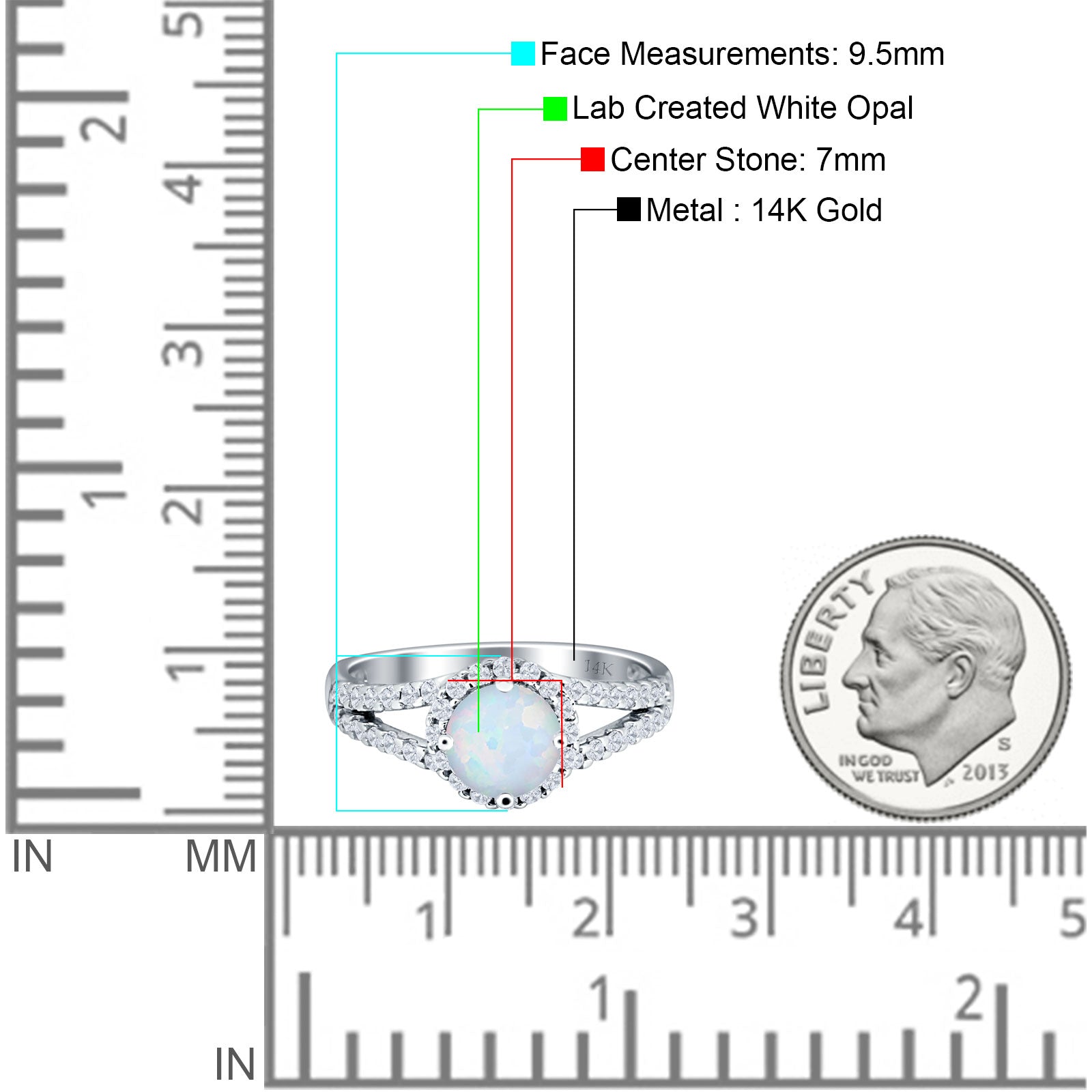 14K White Gold Three Stone Round Lab Created White Opal Ring for Women - Elegant Wedding, Engagement & Anniversary Jewelry Gift