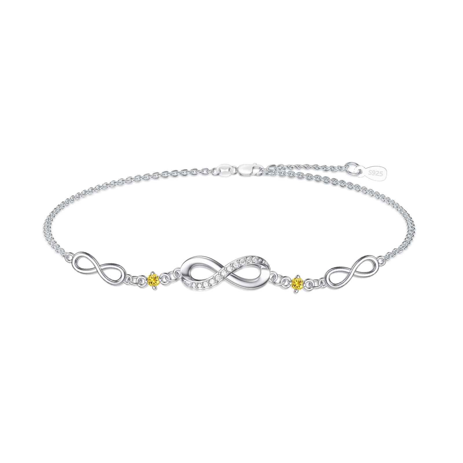 Infinity Bracelet for Women - 925 Sterling Silver Adjustable Birthstone Charm Link Bracelet - Christmas, Birthday Gift for Wife, Mom, Her - Perfect for Holidays, Anniversaries & Special Occasions