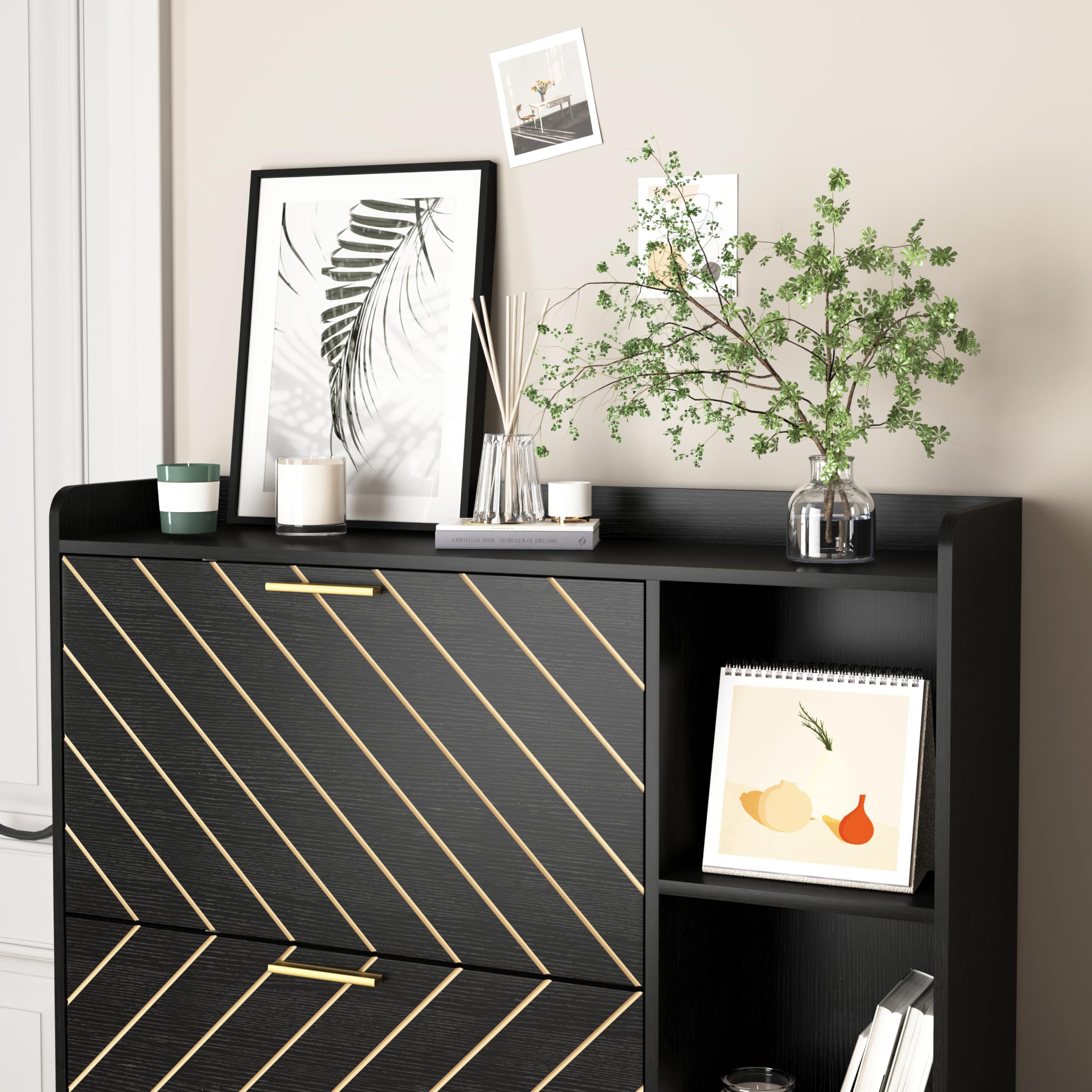 Wooden Shoe Cabinet Organizer with 3 Flip Drawers & 2 Adjustable Shelves - Open Storage Rack for Entryway, Closet, or Door Entrance - Perfect for Heels, Boots, Slippers & Narrow Spaces (Black) - Ideal for Small Apartments, Mudrooms & Organized Home Entryways