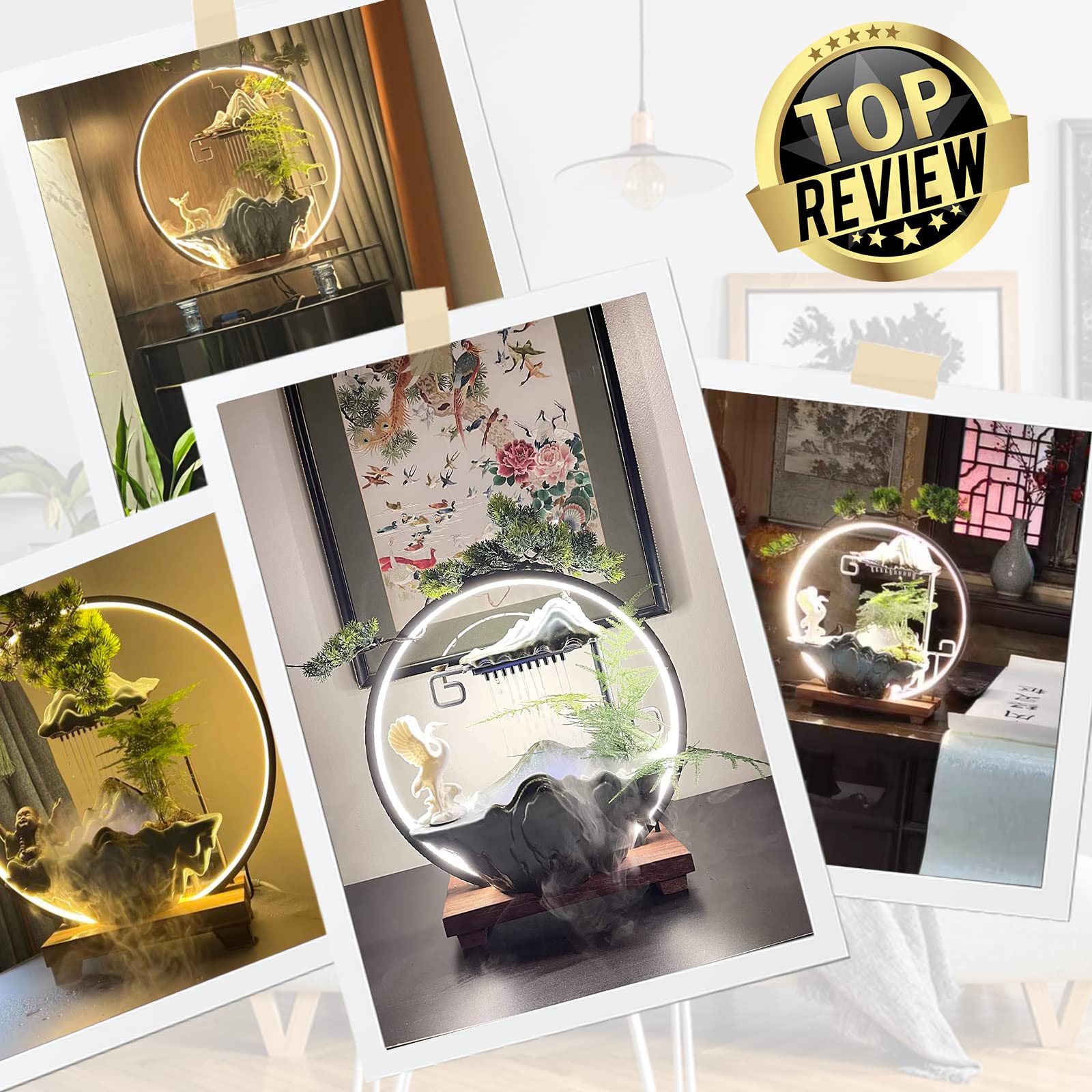 Zen Tabletop Water Fountain with LED Light & Mist - Indoor Japanese Waterfall for Meditation, Relaxation - Includes Backflow Incense & Artificial Plants - Feng Shui Home Office Decor for Good Luck, Wealth & Stress Relief - Perfect for Yoga Studios, Spa Rooms & Bedrooms