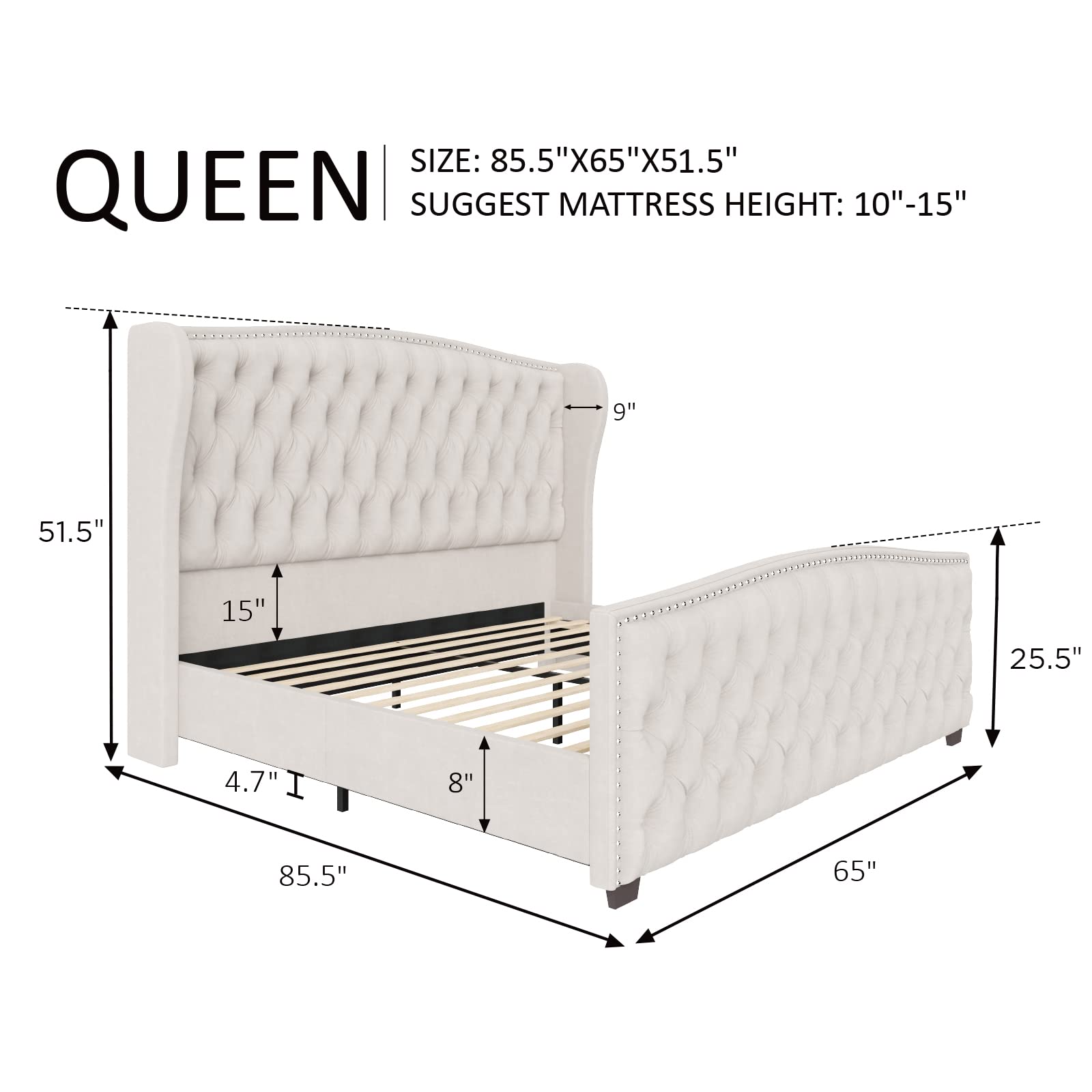 AMERLIFE Queen Size Velvet Upholstered Platform Bed Frame with Button Tufted Headboard & Nailhead Trim - No Box Spring Needed in Cream | Modern Bedroom Furniture for Master Suite, Guest Room & Apartment