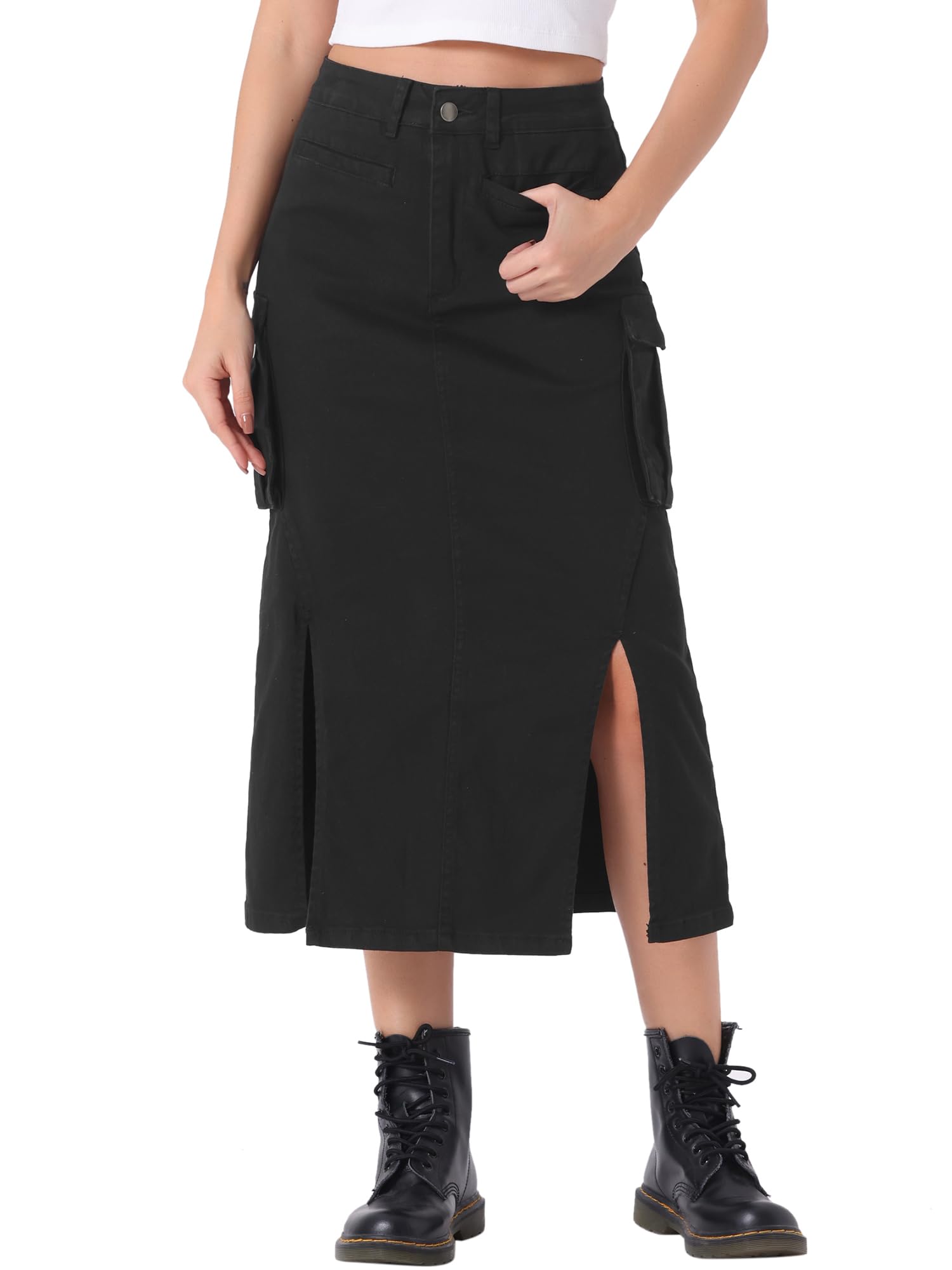 Allegra K Women's Y2K Cargo Skirts - Split Hem Denim Midi Skirt | High Waisted A-Line Skirts for Casual Wear, Street Style & Retro Fashion Outfits