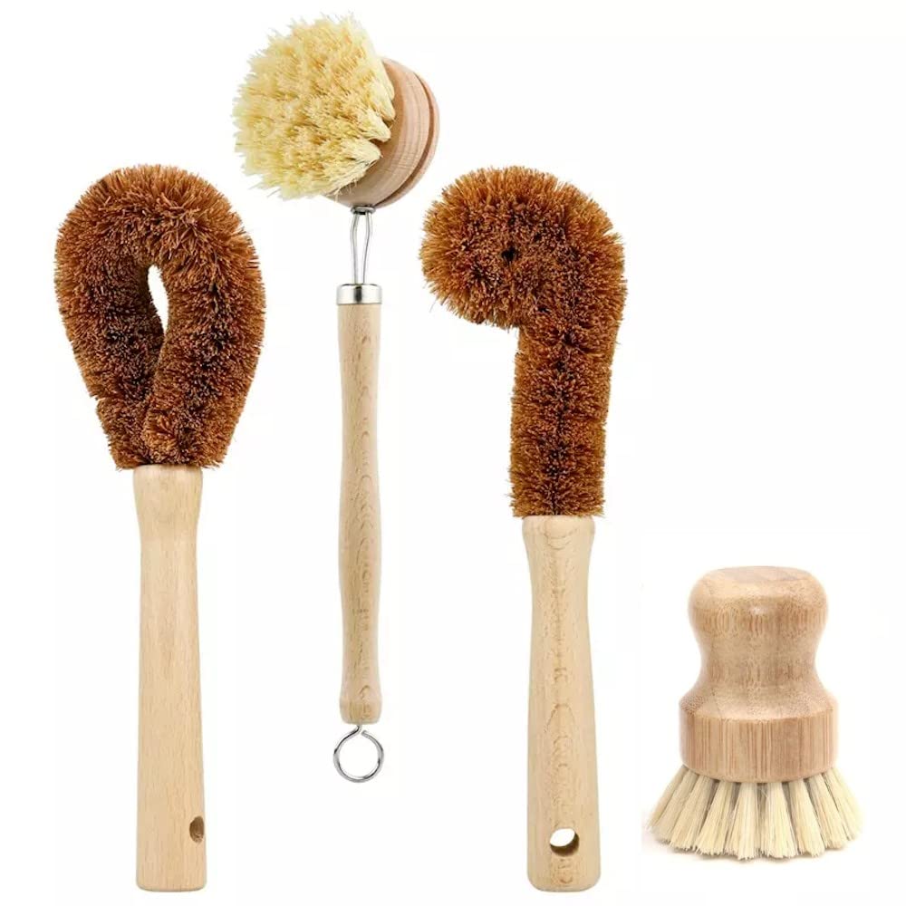 Eco-Friendly Bamboo Dish Scrubber 4-Pack - Kitchen Cleaning Brush for Pans, Pots & Vegetables