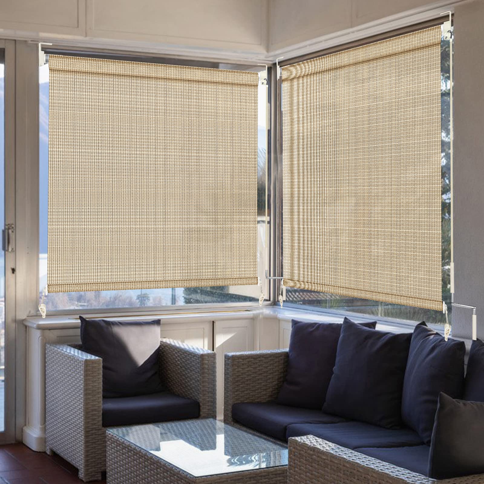 90% UV Protection Cordless Roller Blind - Pavilion & Courtyard Curtain - 8' X 6' Beige Sun Shade for Outdoor Patio, Garden, and Poolside Privacy