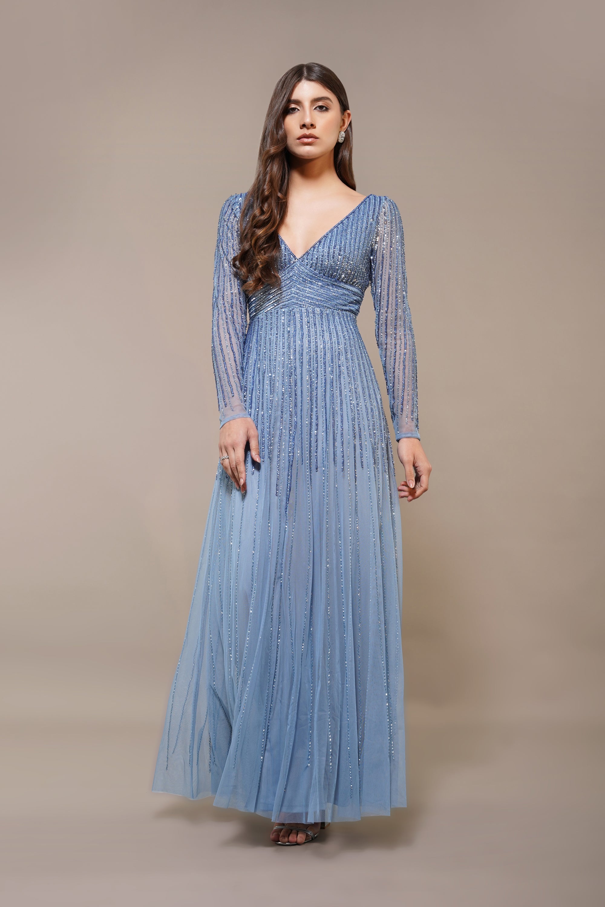Laura Embellished Maxi Dress in Powder Blue - Elegant Floral Lace Evening Gown for Women, Perfect for Weddings, Prom, and Special Occasions