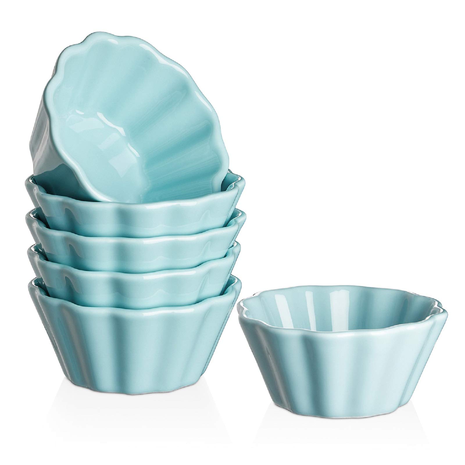 **DOWAN 6 oz Porcelain Creme Brulee Ramekins Set of 6 – Oven, Microwave & Dishwasher Safe Flower-Shaped Souffle Cups – Perfect for Baking, Desserts & Condiments (Blue)**