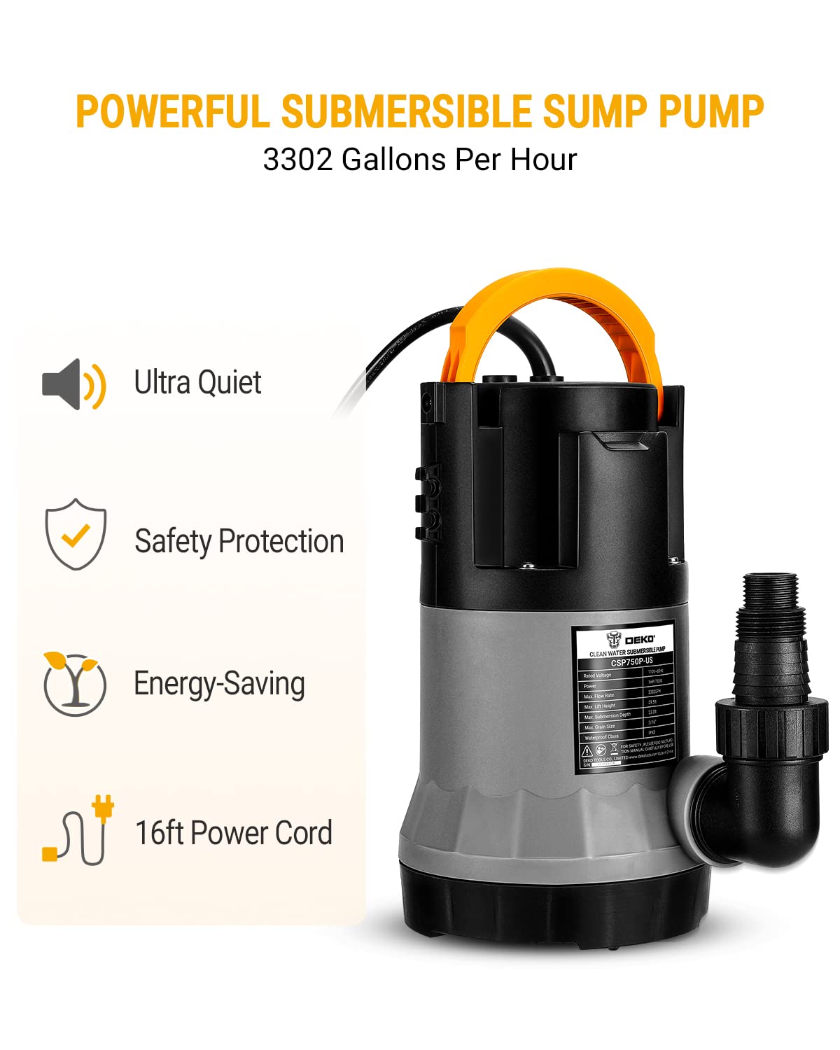 DEKOPRO 1HP Submersible Water Pump 3302GPH 750W - Portable Electric Utility Pump for Swimming Pools, Tubs, Garden Ponds - 16ft Power Cord - Ideal for Water Transfer, Drainage & Irrigation