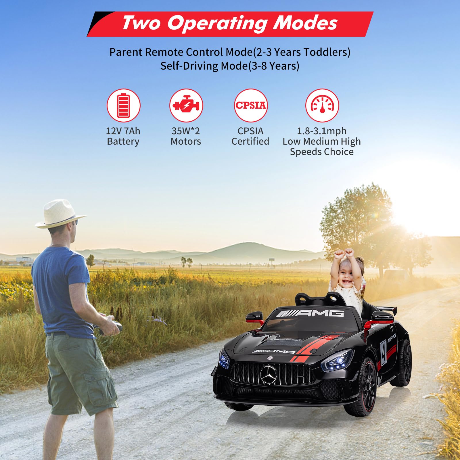 GARVEE 12V Licensed Mercedes-Benz AMG Kids Ride On Car with Remote Control, Music Sound System & LED Headlights - One Button Assembly Wheels - Electric Toy Car for Boys Girls Ages 3-8 (Black) - Perfect for Birthday Gifts, Outdoor Play & Indoor Fun