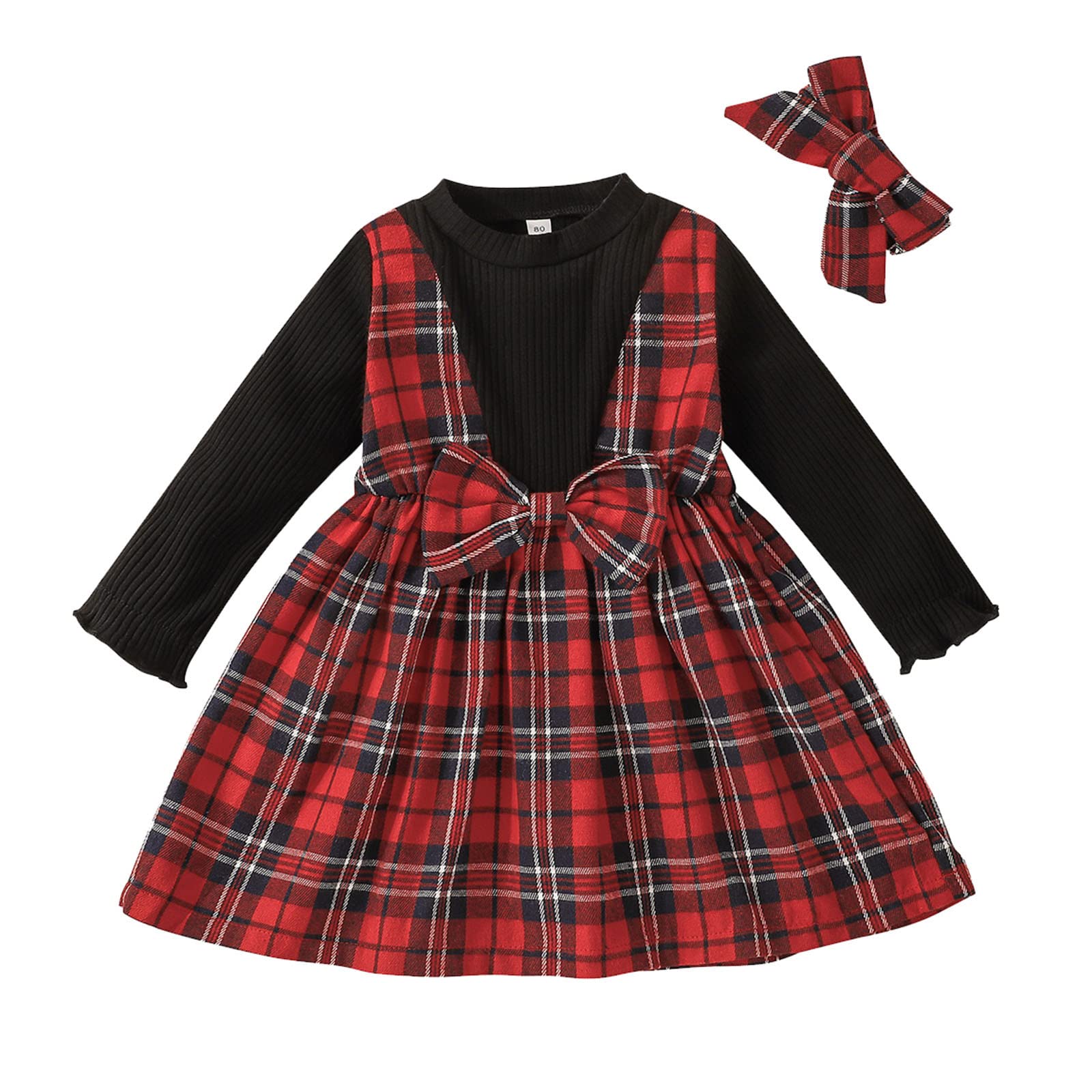 **Adorable Toddler Girls Long Sleeve Plaid Bowknot Dress with Headband – Soft Sweater Dress for Baby Girls (Black, 6-9 Months) – Perfect for Holidays, Parties & Family Photos**