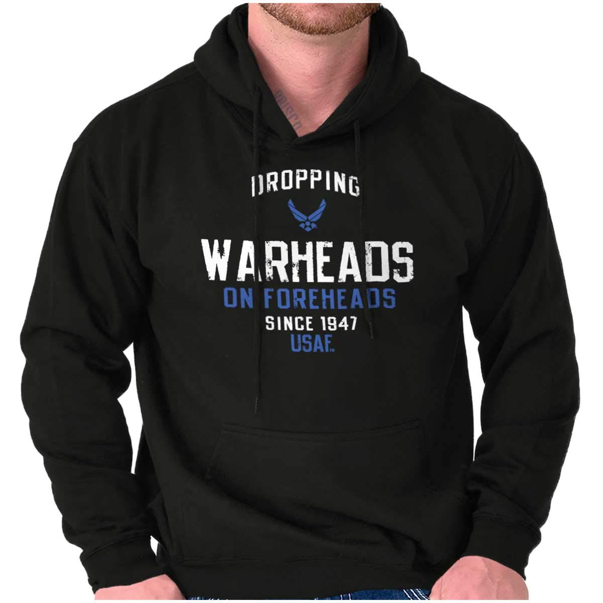 Brisco Brands USAF Warheads on Foreheads Funny Hoodie Sweatshirt for Men & Women - Military Humor Apparel for Veterans, Air Force Fans & Casual Wear