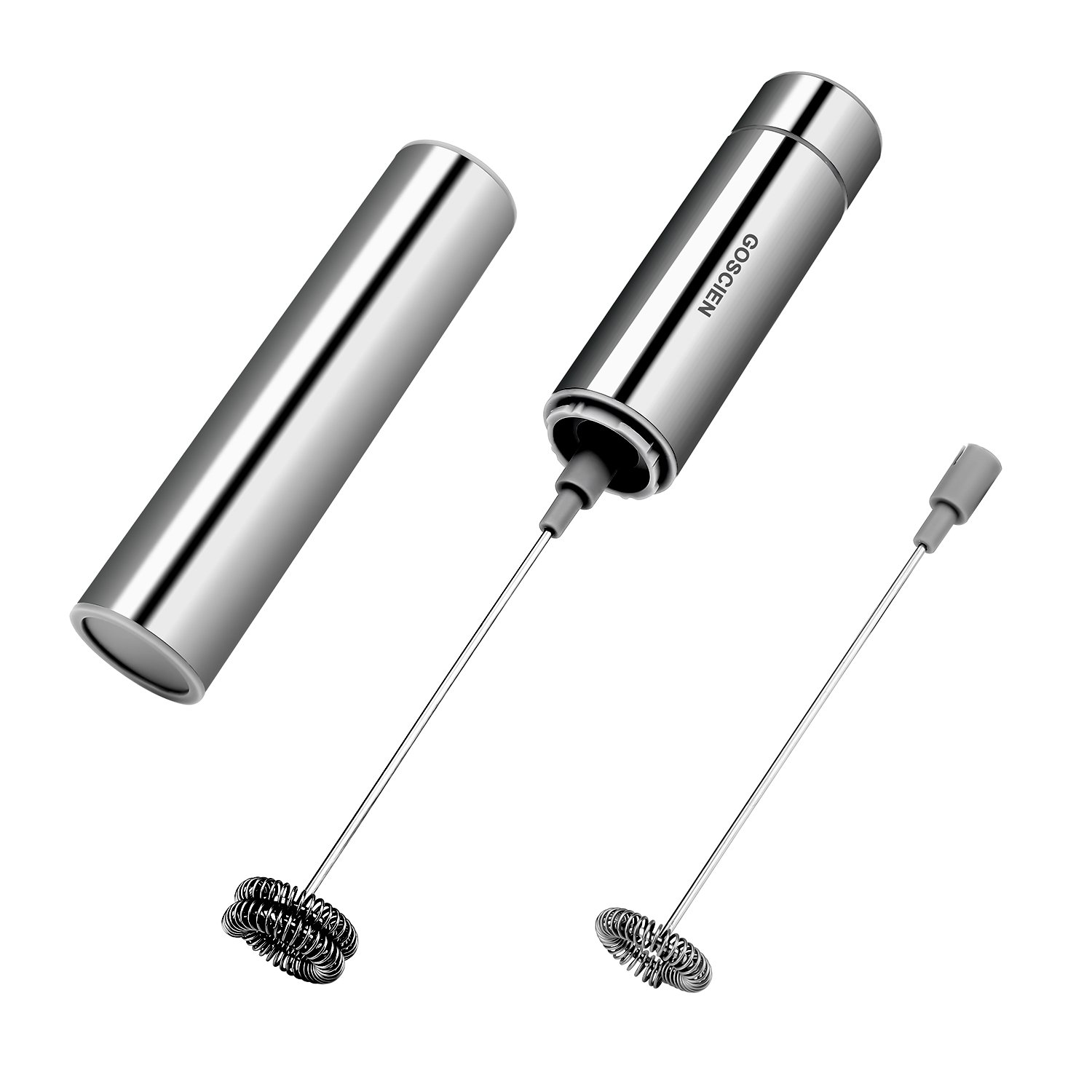GOSCIEN Handheld Electric Milk Frother - Battery Operated Drink Mixer with 2 Stainless Steel Whisk & Storage Tube for Cappuccino, Latte, Bulletproof Coffee - Perfect for Home, Office & Coffee Shops