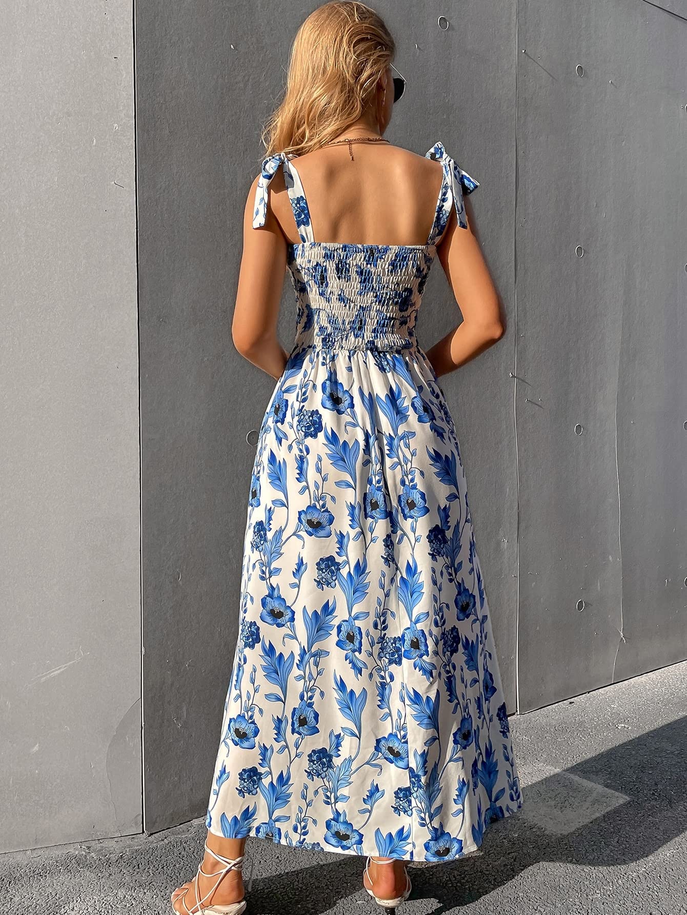Women's Floral Maxi Sundress - Blue & White Summer Beach Dress for Vacation 2025 | Casual Boho Long Dress for Poolside, Travel & Outdoor Events