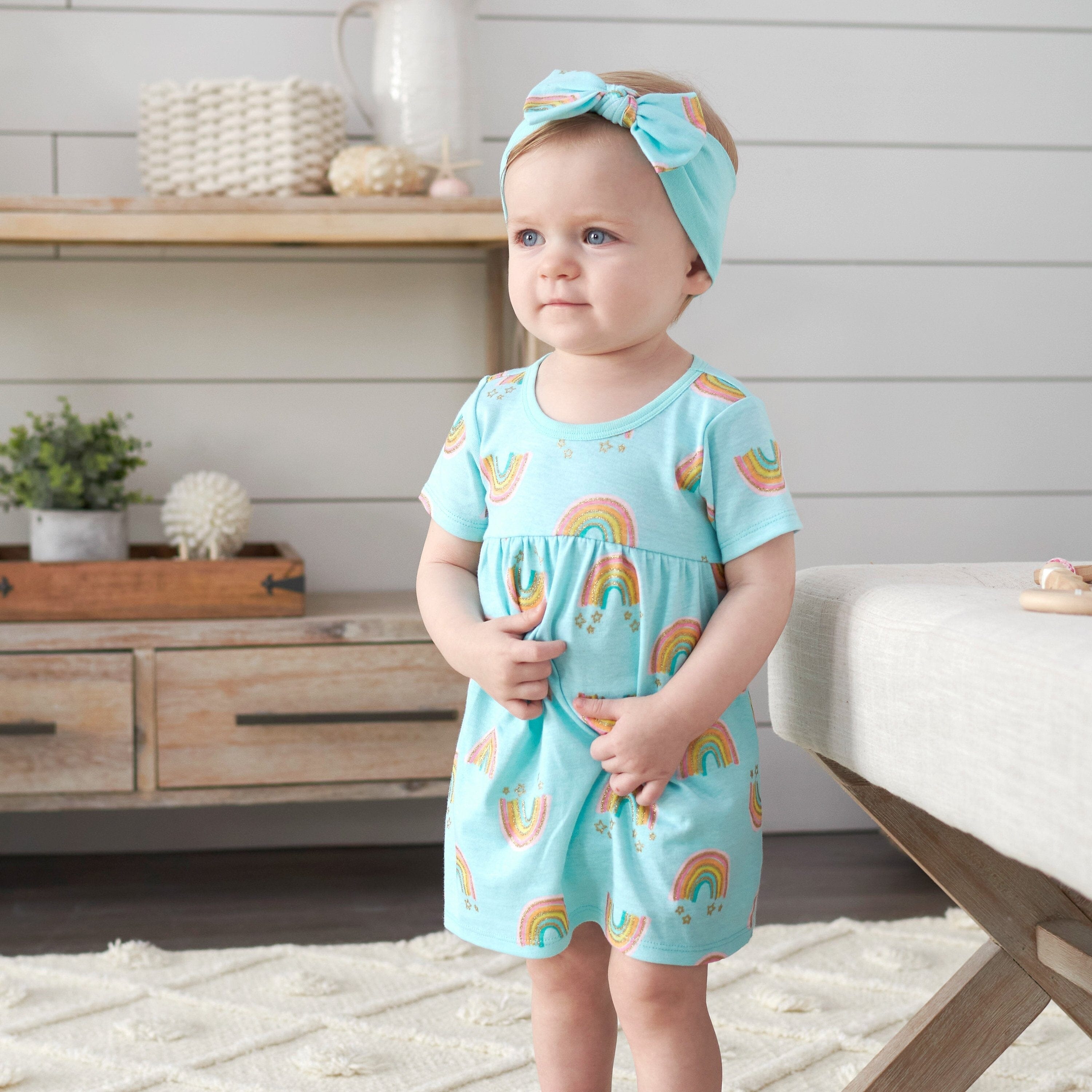 3 Piece Baby Girls Rainbow Dress Set with Diaper Cover and Headband | Cute Outfit for Newborn, Infant & Toddler | Perfect for Photoshoots, Birthday Parties & Special Occasions