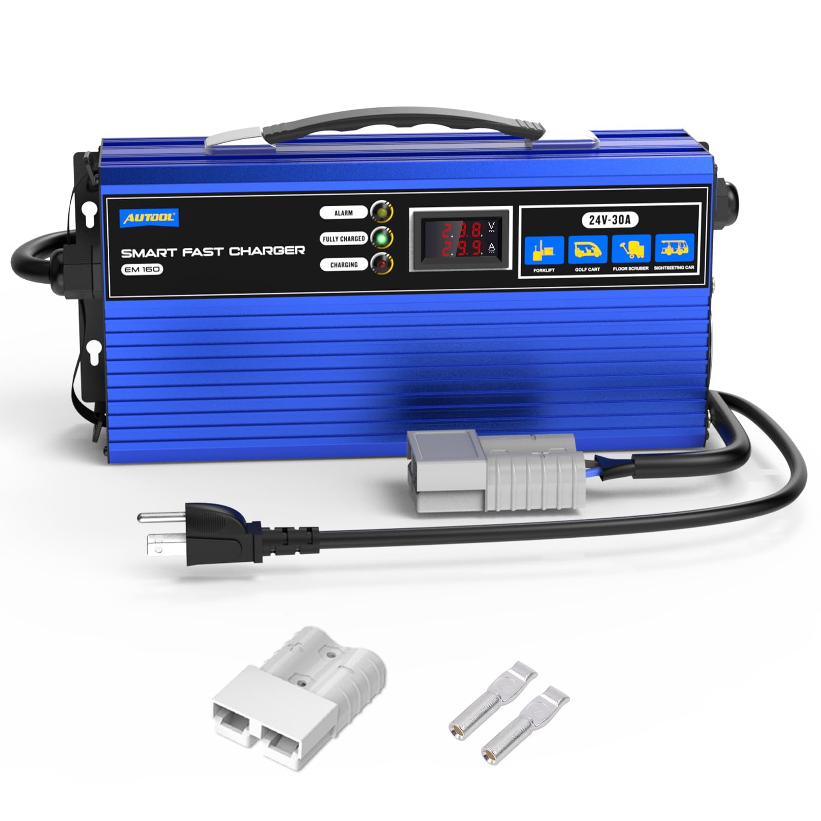 AUTOOL 24V 30A Smart Forklift Battery Charger - Fully Automatic for Electric Pallet Jacks, Forklifts & Club Cars - LCD Display & Cooling Fan - Ideal for 200AH-300AH Lead-Acid Batteries - Perfect for Warehouses, Distribution Centers & Industrial Charging Stations