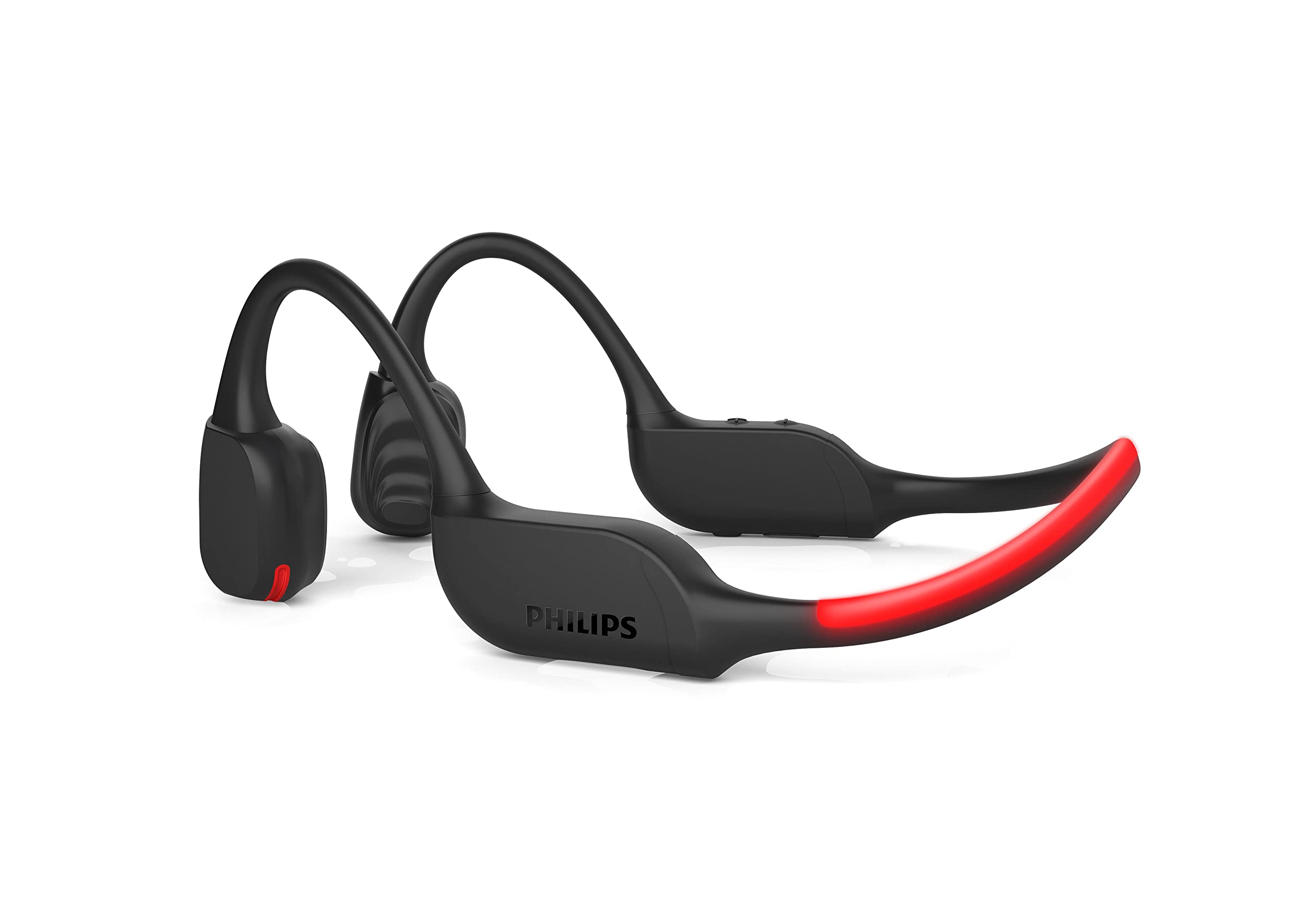 PHILIPS A7607 Wireless Bone Conduction Headphones - Bluetooth Open-Ear Headset with AI Noise Cancelling Mic, 9H Battery & Fast Charge, IP66 Waterproof, LED Safety Lights & App Control (Black) - Perfect for Running, Cycling & Outdoor Sports