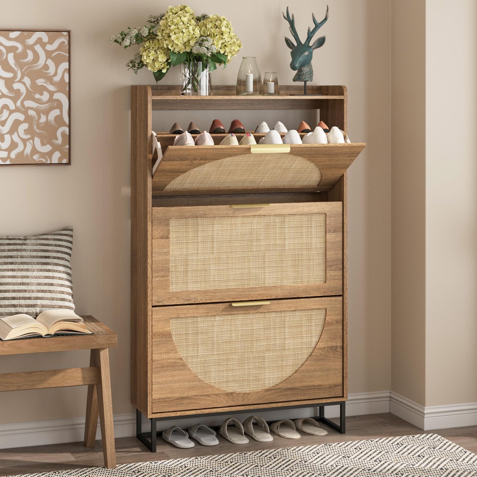 Maupvit 3-Tier Rattan Shoe Storage Cabinet with Flip Drawers - Freestanding Entryway Shoe Organizer with Metal Legs & Hidden Golden Handles - Rustic Oak Narrow Shoe Rack for Hallway, Bedroom, or Closet Organization